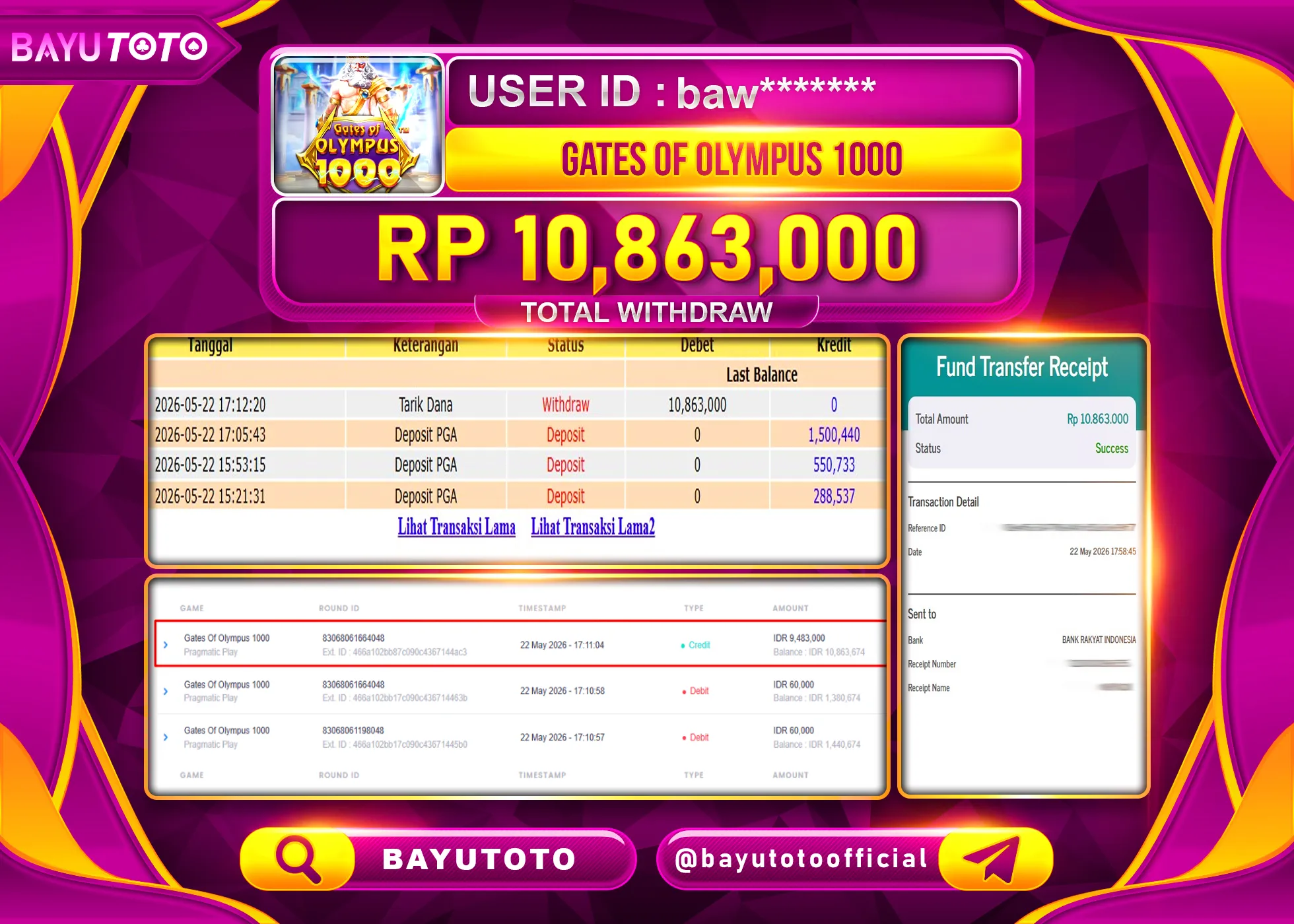 SELAMAT MEMBER SETIA BAYUTOTO JACKPOT DI SLOT GATES OF OLYMPUS 1000 Rp. 10,863,000 LUNAS
