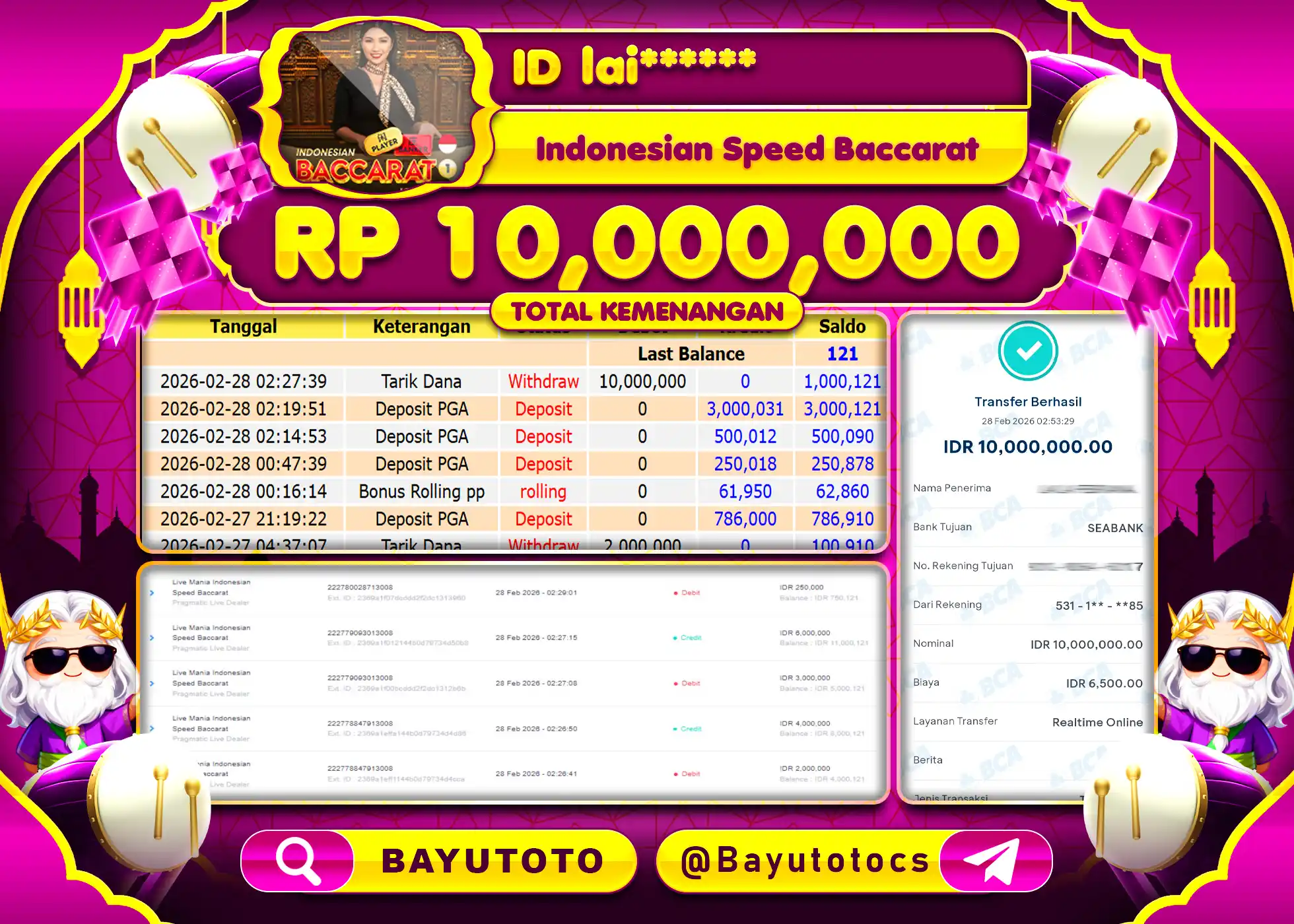 SELAMAT MEMBER SETIA BAYUTOTO JACKPOT DI Indonesian Speed Baccarat Rp. 10,000,000 LUNAS