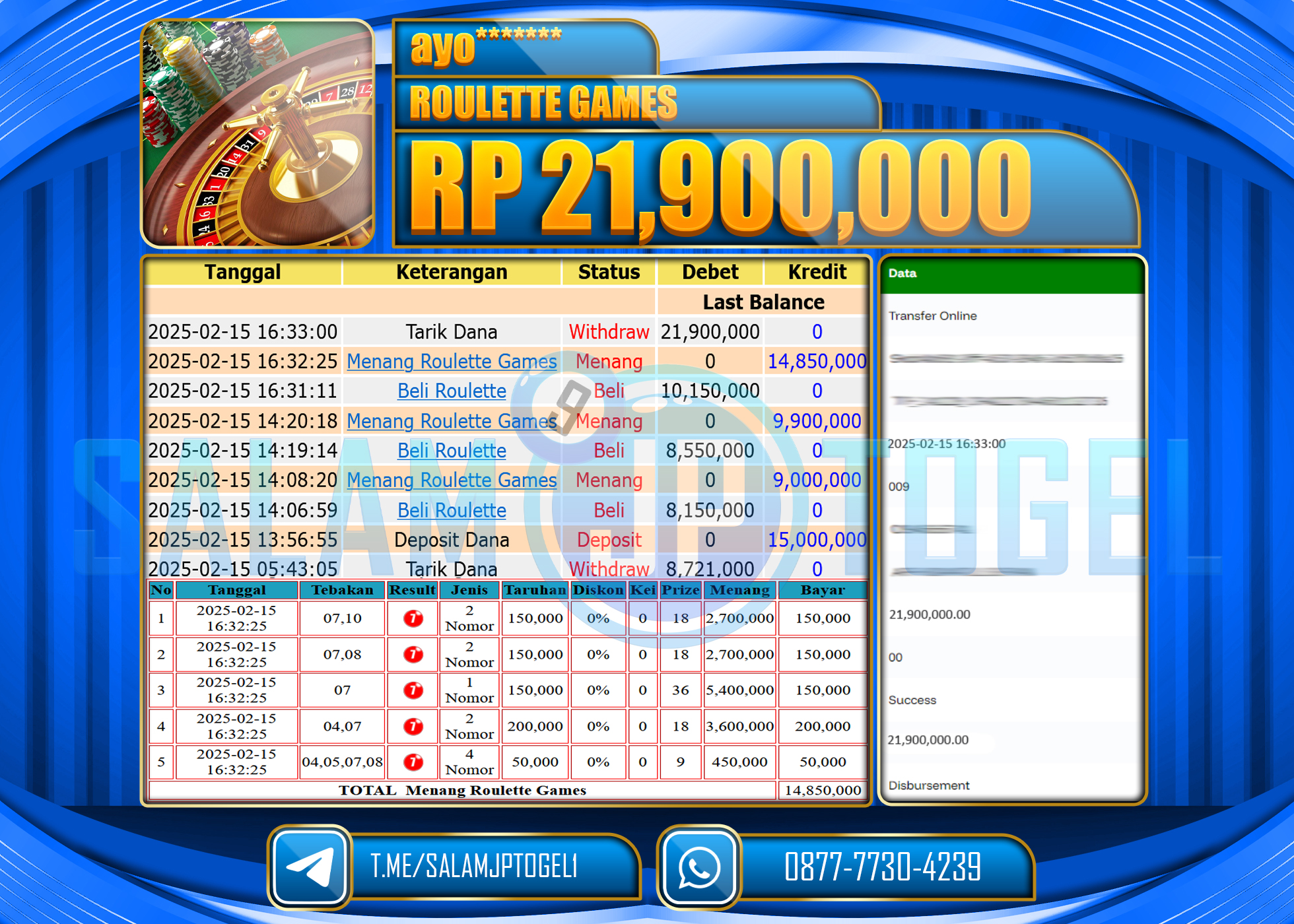 SALAMJPTOGEL MENANG ROULETTE GAMES Rp. 21,900,000 LUNAS