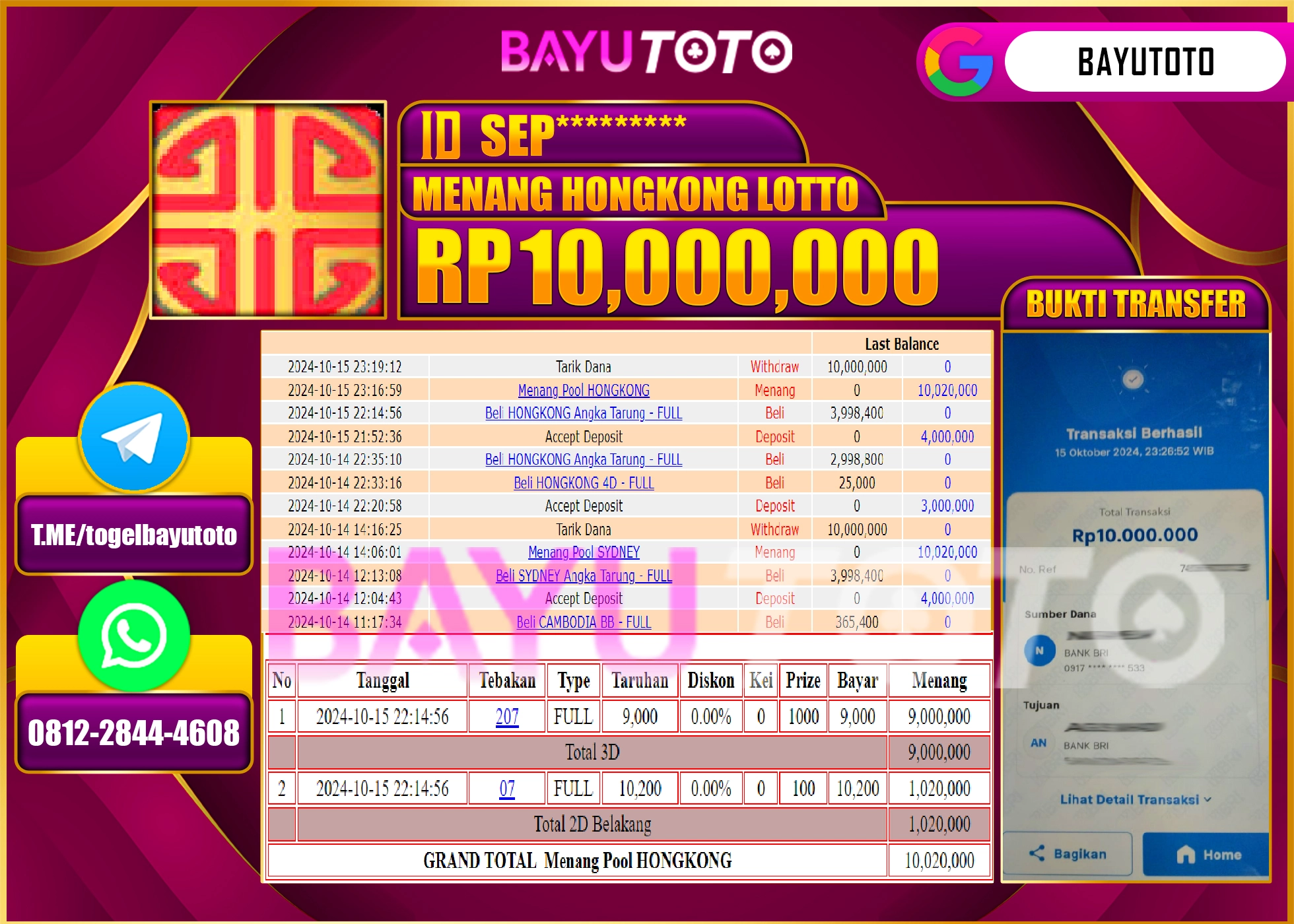 BAYUTOTO MENANG TOGEL HONGKONG LOTTO 10.000.000 - LUNAS