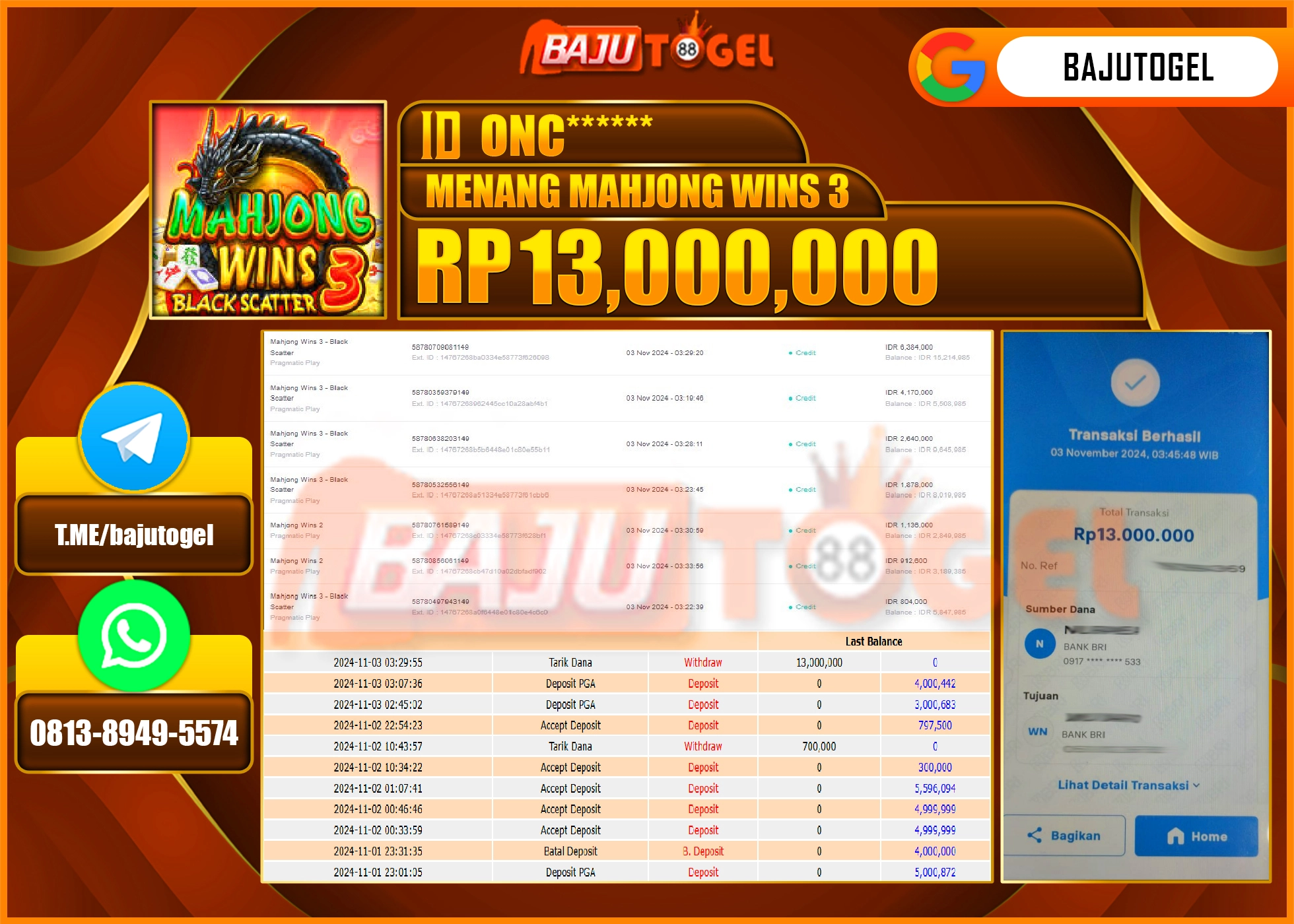 BAJUTOGEL JACKPOT MAHJONG WINS 3 Rp 13,000,000 LUNAS