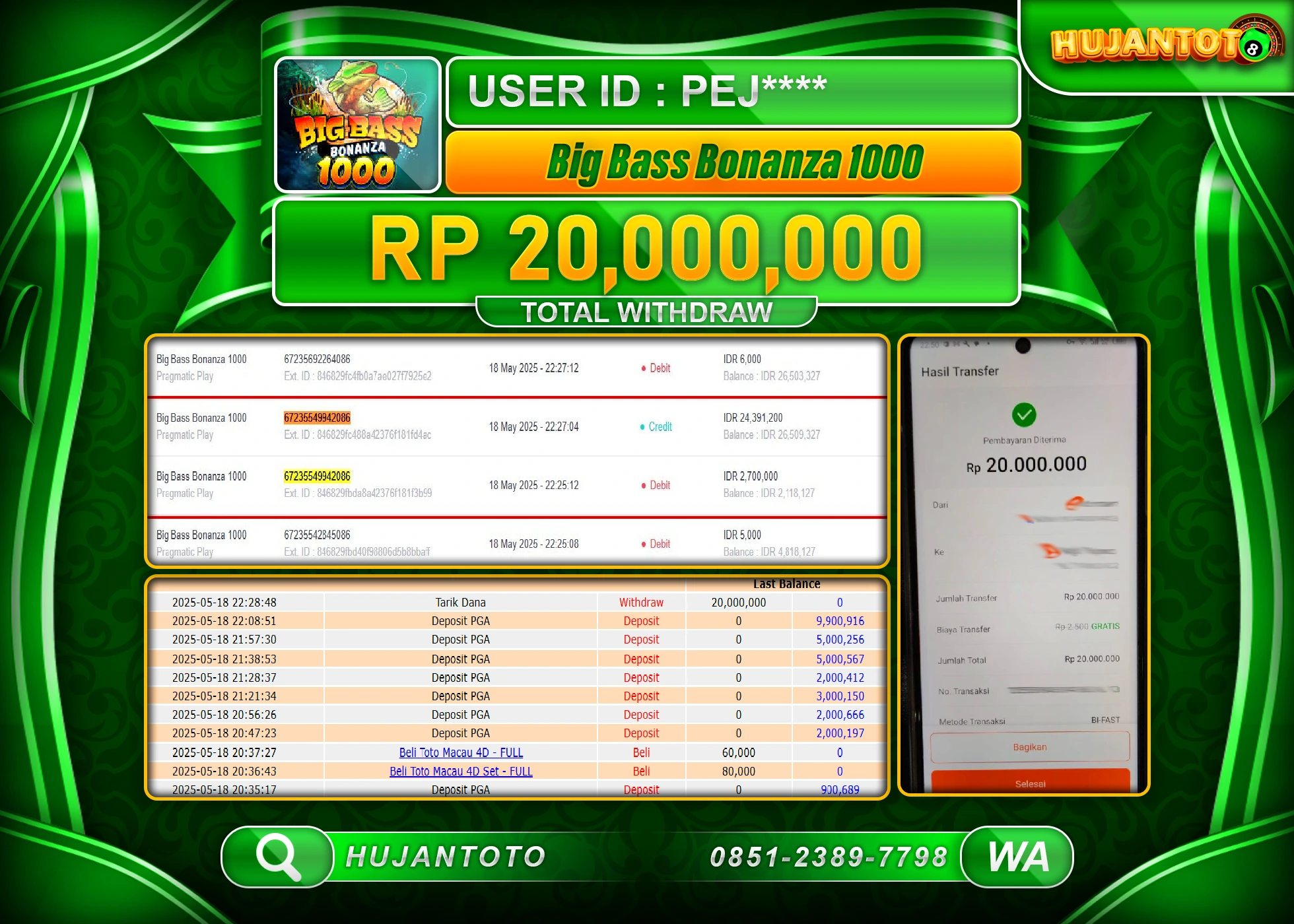 HUJANTOTO - BUKTI JACKPOT MENANG SLOT BIG BASS BONANZA 1000 Rp,20,000,000 - TERBAYAR LUNAS