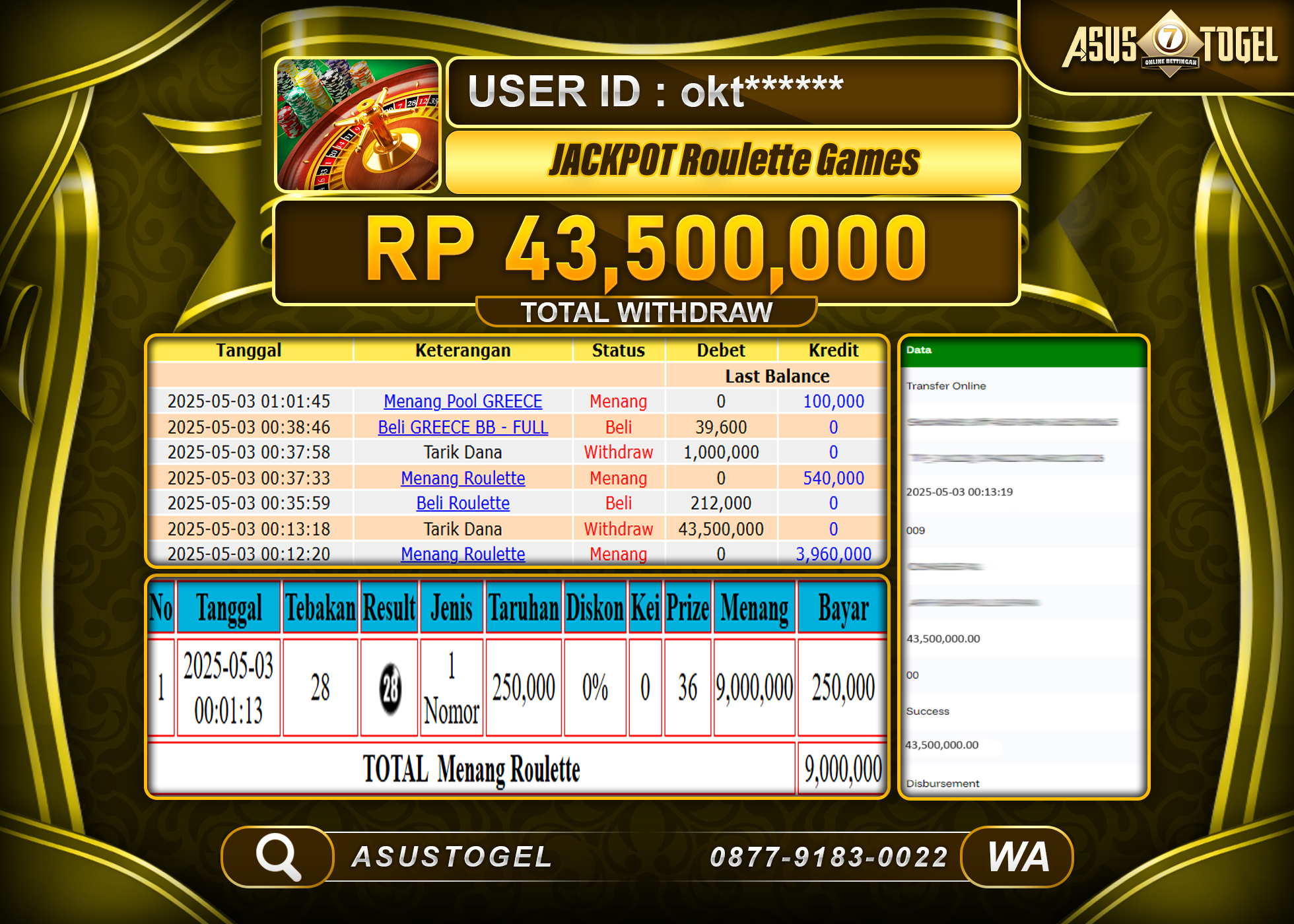 ASUSTOGEL KEMENANGAN DI LIVE ROULETTE GAMES SEBESAR 43,500,000- RUPIAH LUNAS