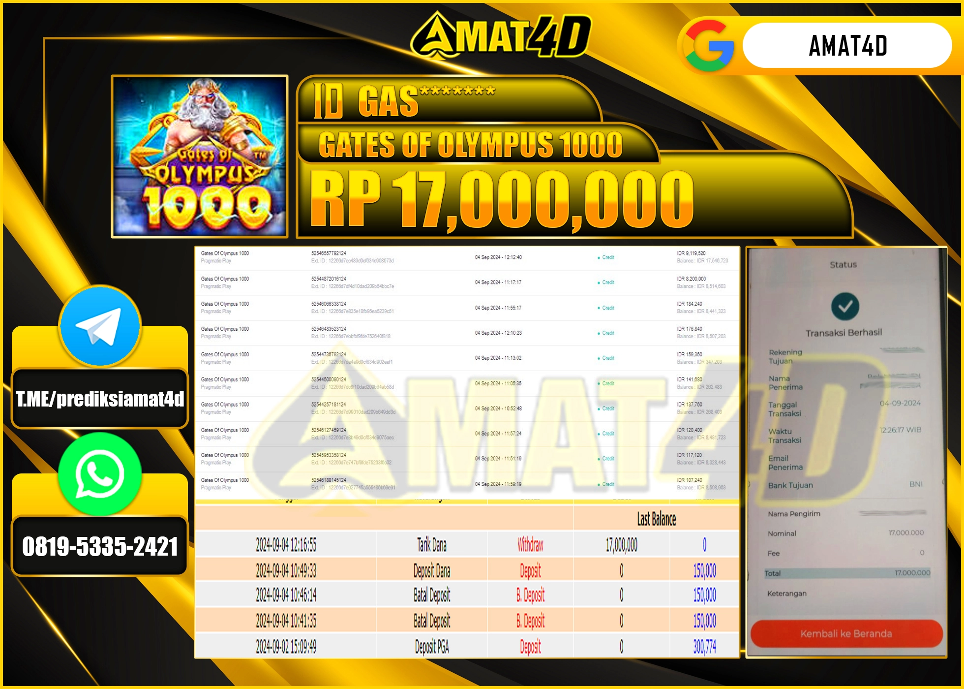 AMAT4D JACKPOT SLOT GATES OF OLYMPUS 1000 Rp.17.000.000 BERHASIL DI BAYAR LUNAS