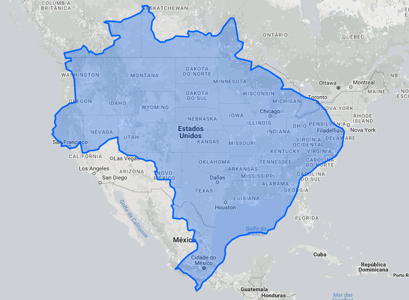 Brazil (8,515,767 km2) and the contiguous US (8,080,464.3 km) size  comparison when overlayed., The  would go fr…