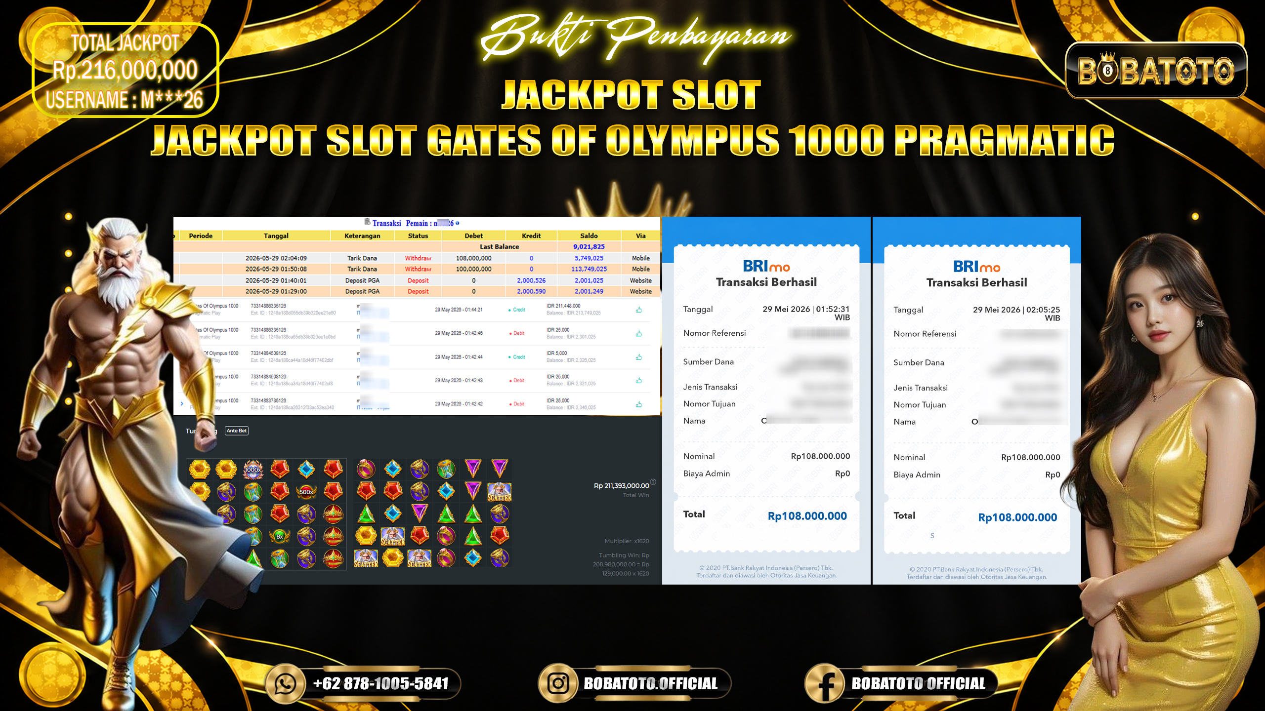 BOBATOTO JACKPOT SLOT PRAGMATIC PLAY GATES OF OLYMPUS 1000 Rp.216,000,000,- LUNAS!!! 