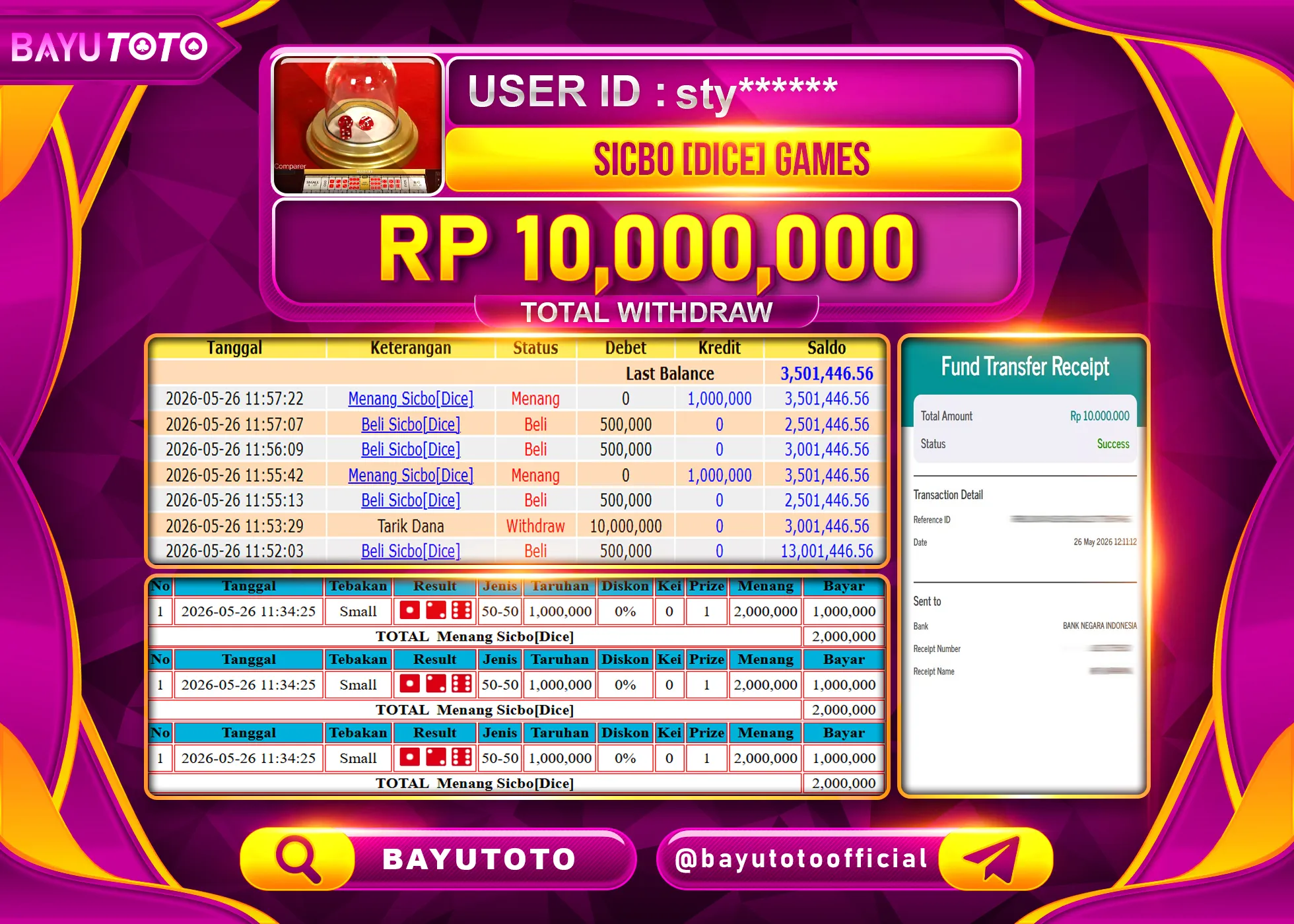 SELAMAT MEMBER SETIA BAYUTOTO JACKPOT DI LIVEGAMES SICBO DICE Rp. 10,000,000 LUNAS