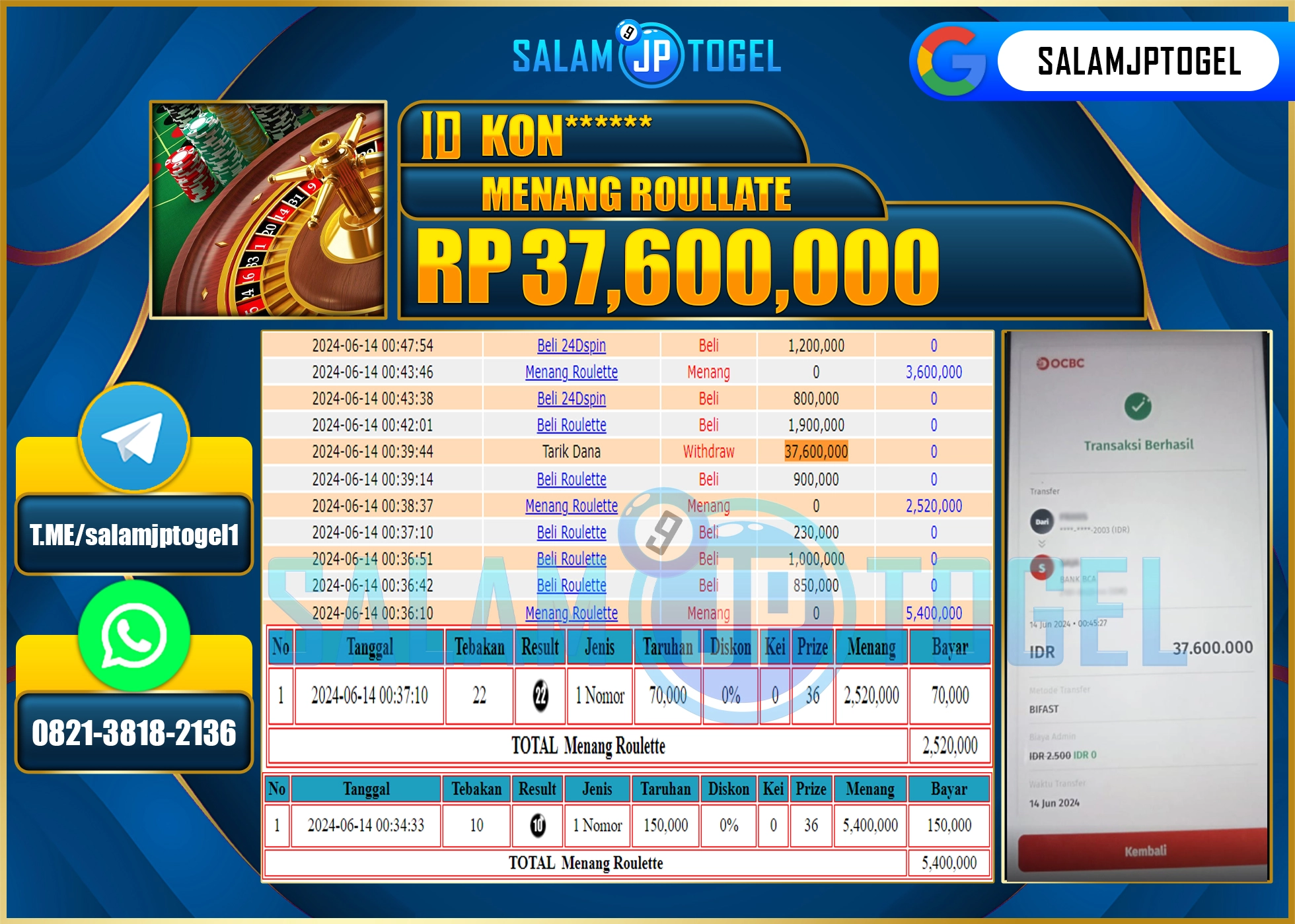 SALAMJPTOGEL MENANG ROULLATE RP. 37,600,000.,LUNAS