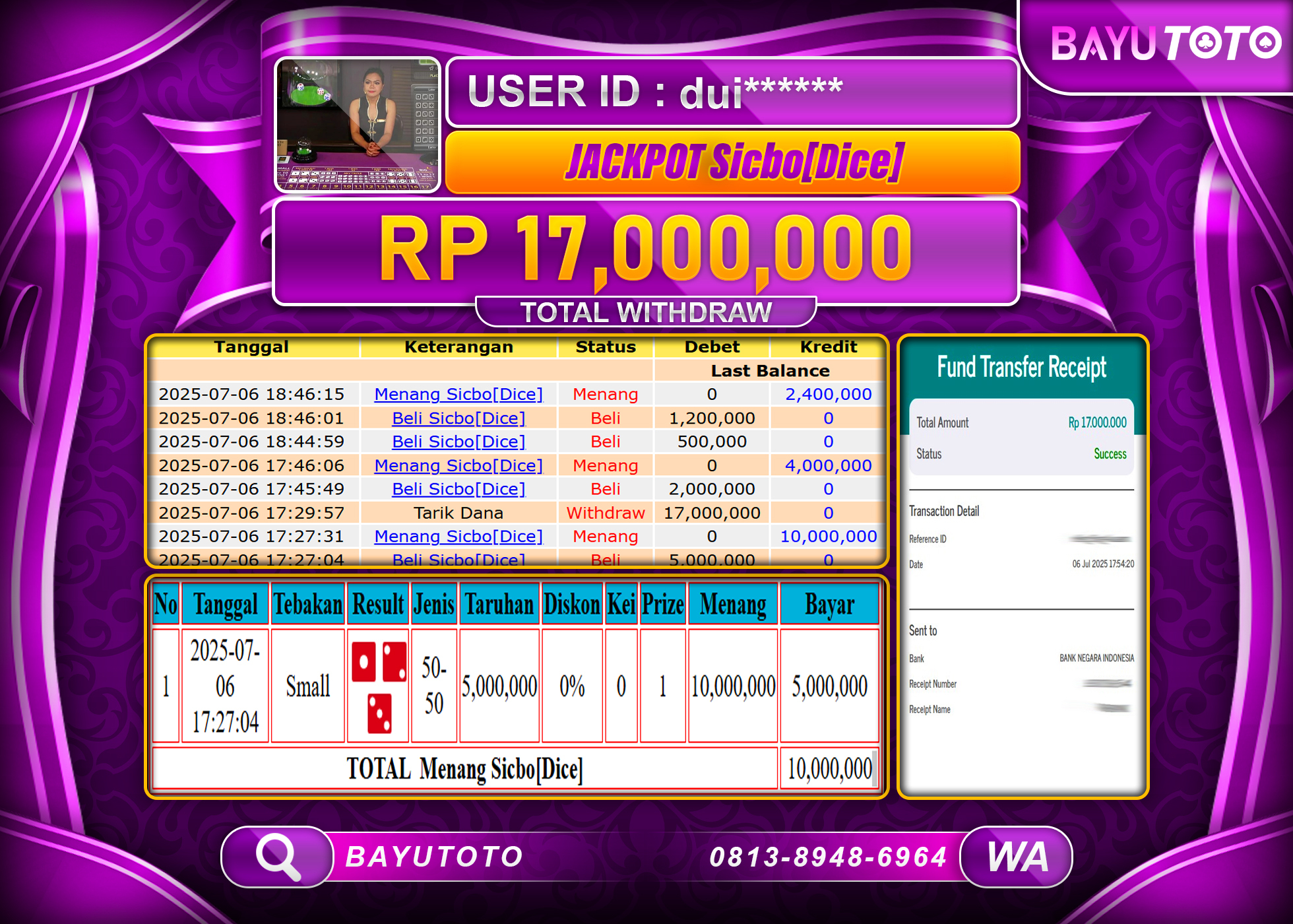 BAYUTOTO JACKPOT DI GAME  Sicbo[Dice]  LIVE CASINO Rp.17,000,000 LUNAS