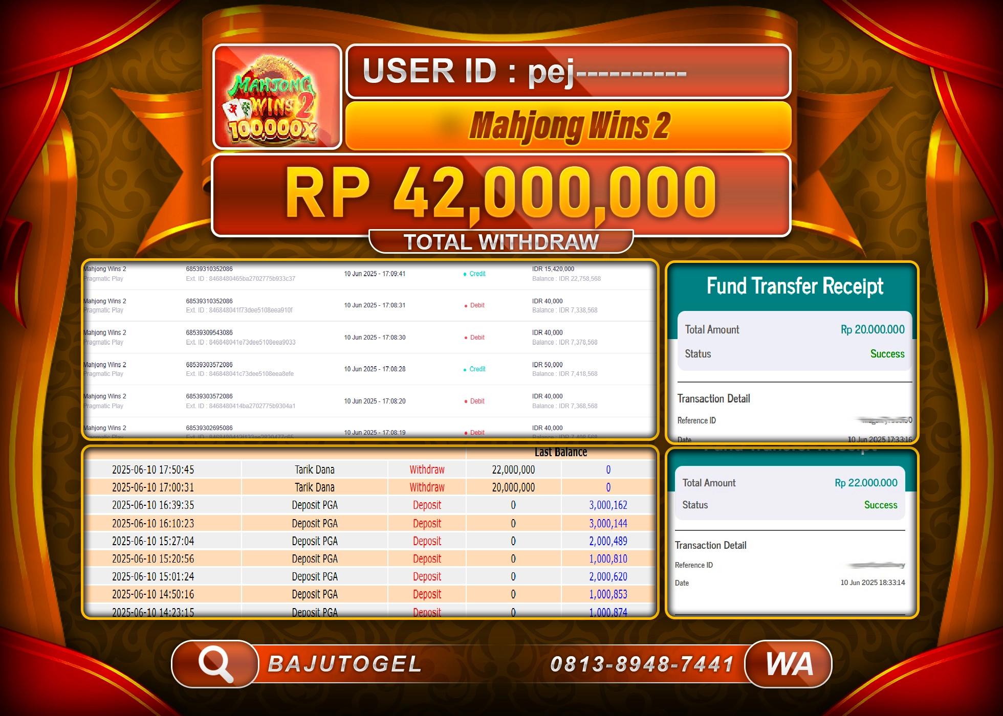 BAJUTOGEL KEMENANGAN MAHJONG WINS 2 Rp.42.000.000 LUNAS