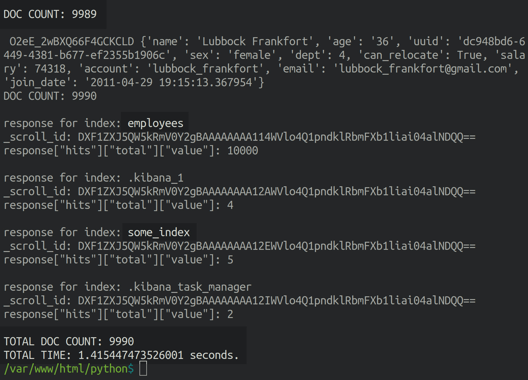 Screenshot of Python printing results from Scroll and Search API requests to Elasticsearch