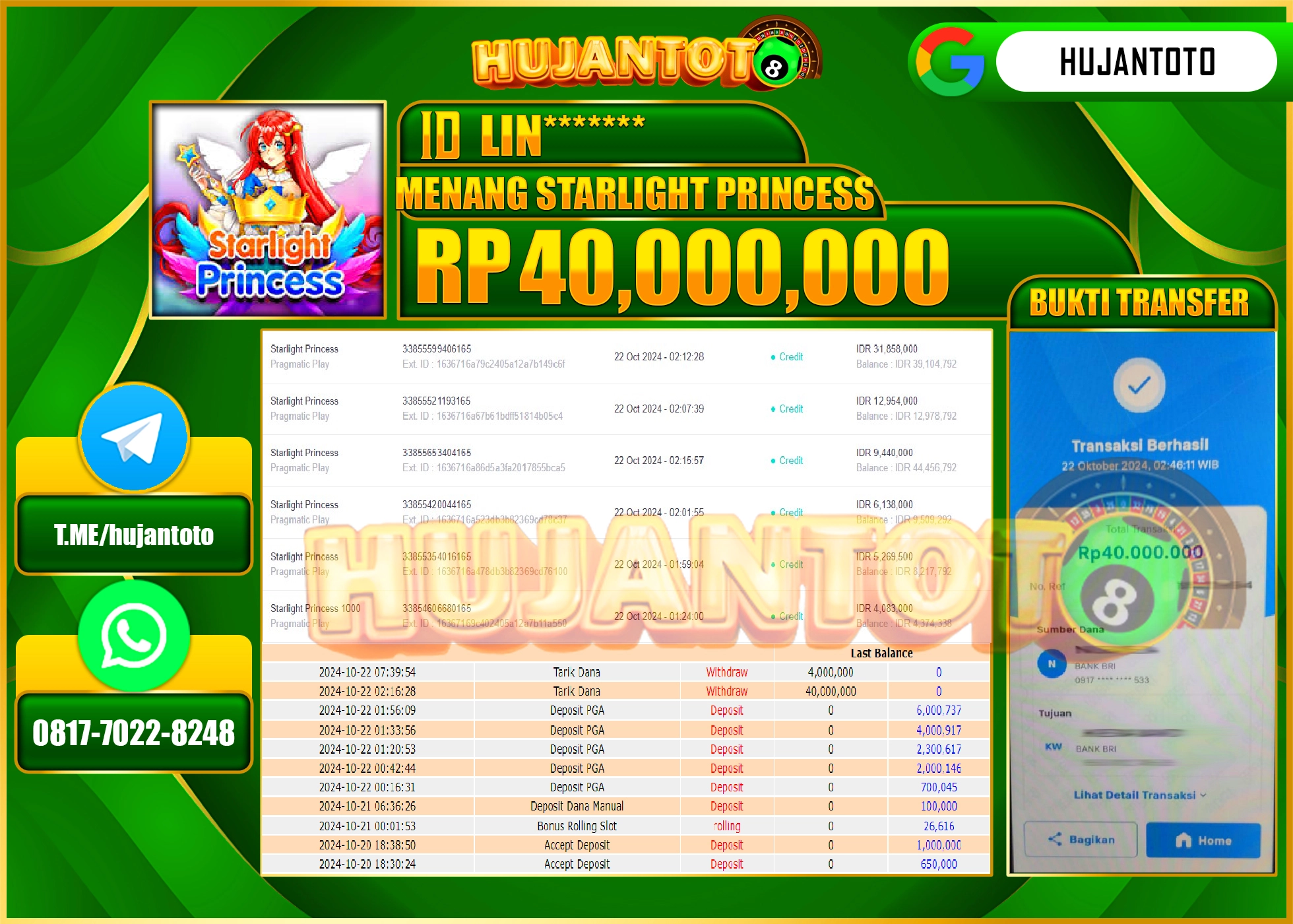 HUJANTOTO MENANG DI PERMAINAN SLOT STARLIGHT PRINCESS - 40,000,000 - LUNAS