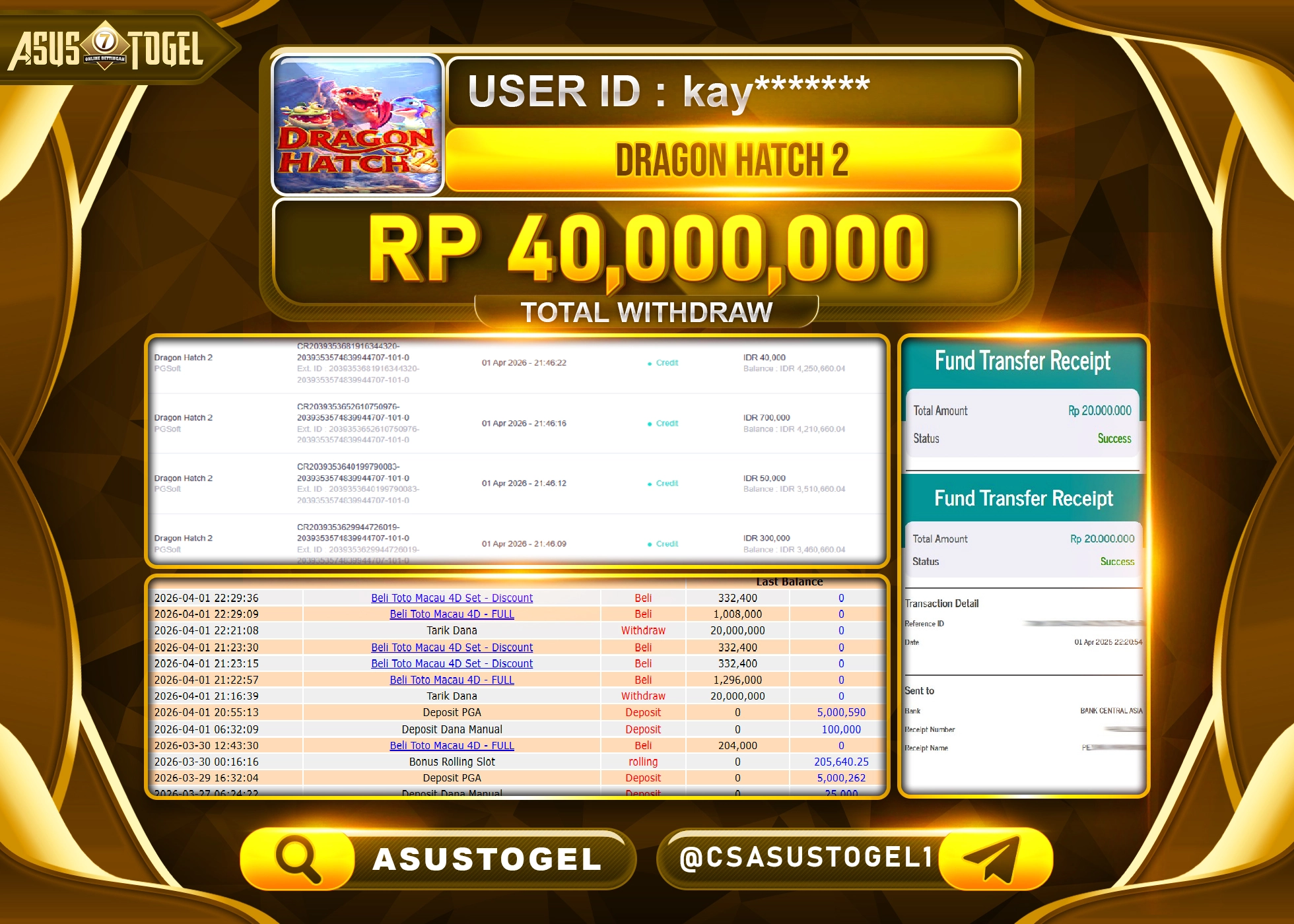 ASUSTOGEL KEMENANGAN JACKPOT DI PERMAINAN DRAGON HATCH 2 SEBESAR Rp.40,0000,000 - RUPIAH LUNAS
