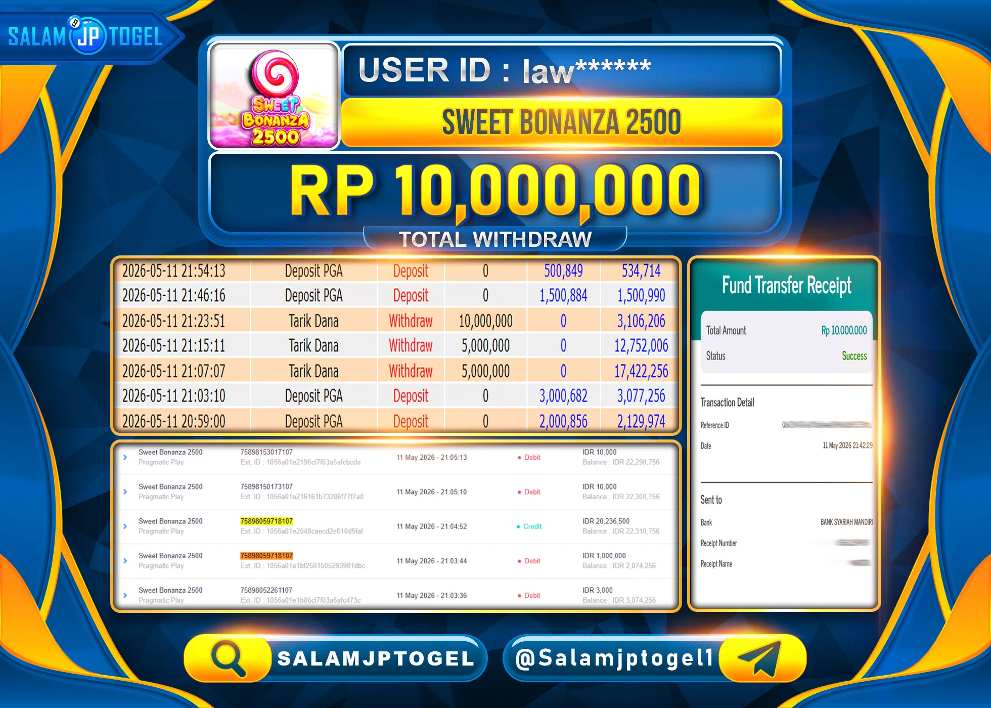 SALAMJPTOGEL JACKPOT SWEET BONANZA 2500 Rp.10,000,000- LUNAS