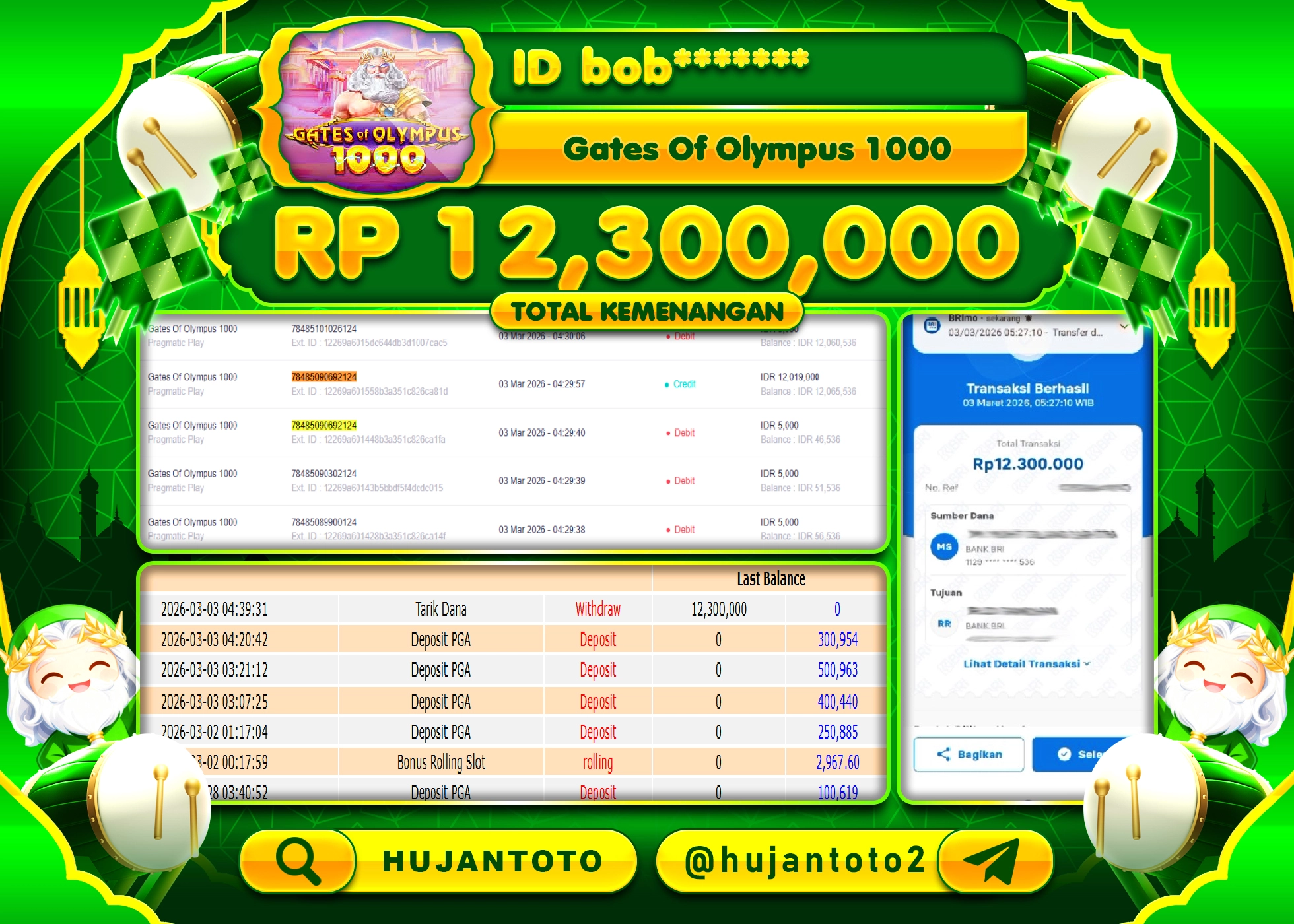 HUJANTOTO - BUKTI JACKPOT MENANG SLOT GATES  OF OLYMPUS 1000 Rp.12,300,000 - TERBAYAR LUNAS