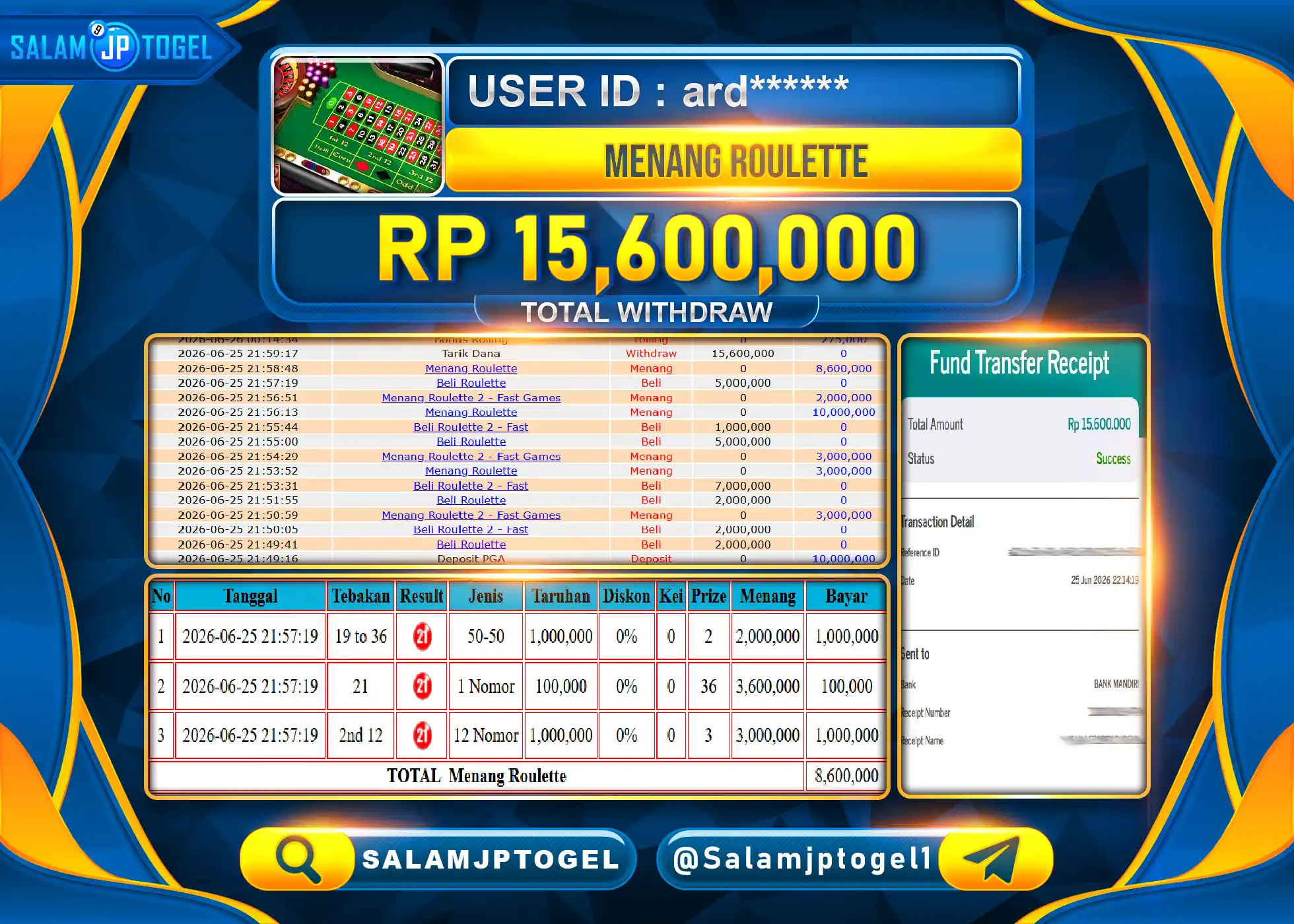 SALAMJPTOGEL MENANG GACOR LIVE GAMES ROULETTE Rp.15,600,000- LUNAS