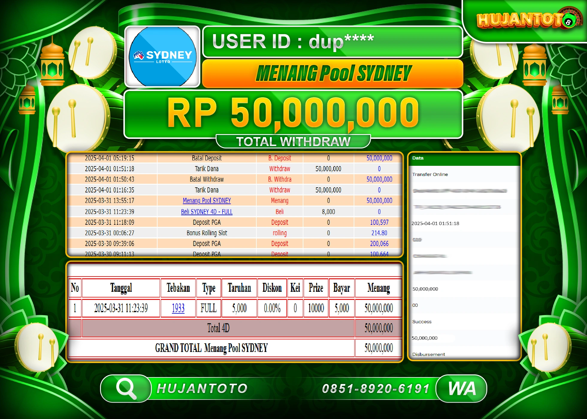 HUJANTOTO - BUKTI JACKPOT MENANG BESAR TOGEL SYDNEY Rp,50,000,000 - TERBAYAR LUNAS