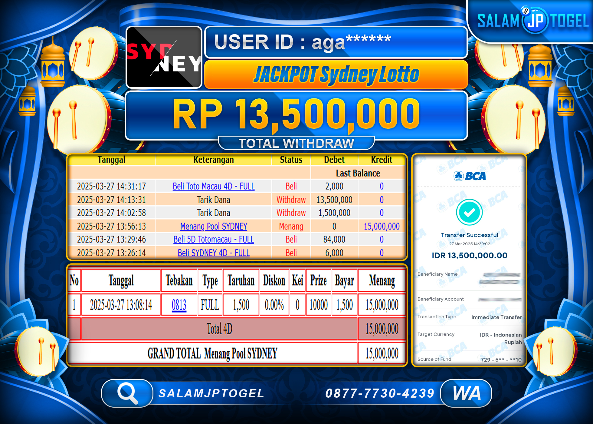 SALAMJPTOGEL MENANG SYDNEY LOTTO  Rp. 13,500,000 LUNAS