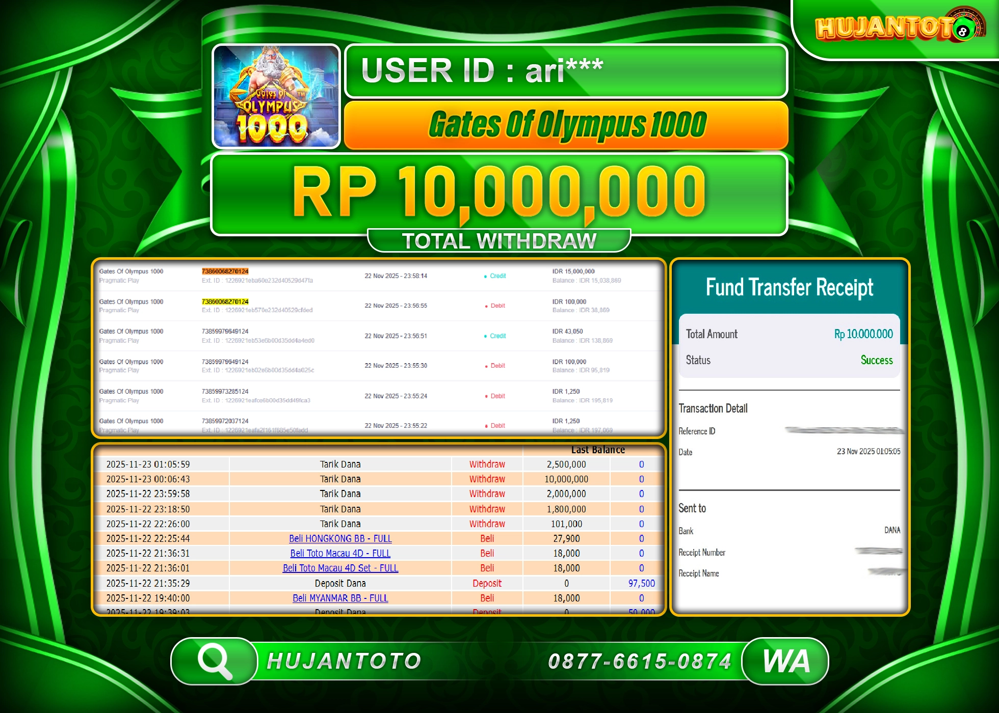 HUJANTOTO - BUKTI JACKPOT MENANG SLOT GATES OF OLYMPUS 1000 Rp.10,000,000 - TERBAYAR LUNAS