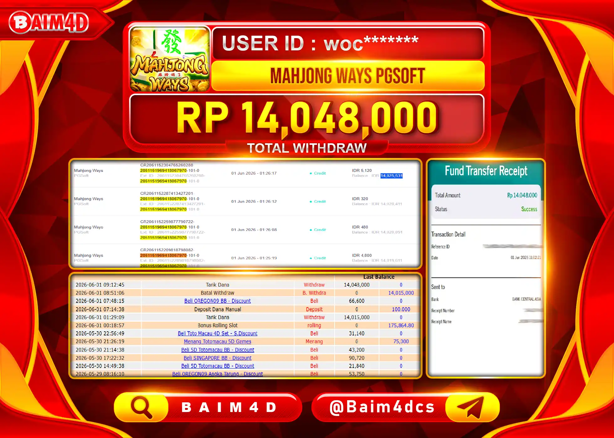 BAIM4D JACKPOT SLOT MAHJONG WAYS PGSOFT Rp.14,048,000 - LUNAS