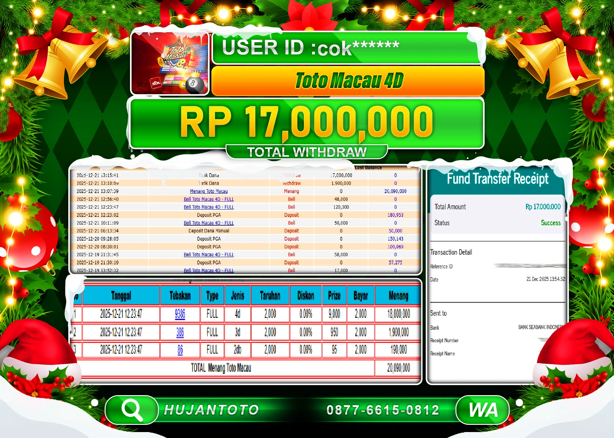 HUJANTOTO - BUKTI JACKPOT MENANG TOGEL TOTO MACAU 4D Rp.17,000,000 - TERBAYAR LUNAS