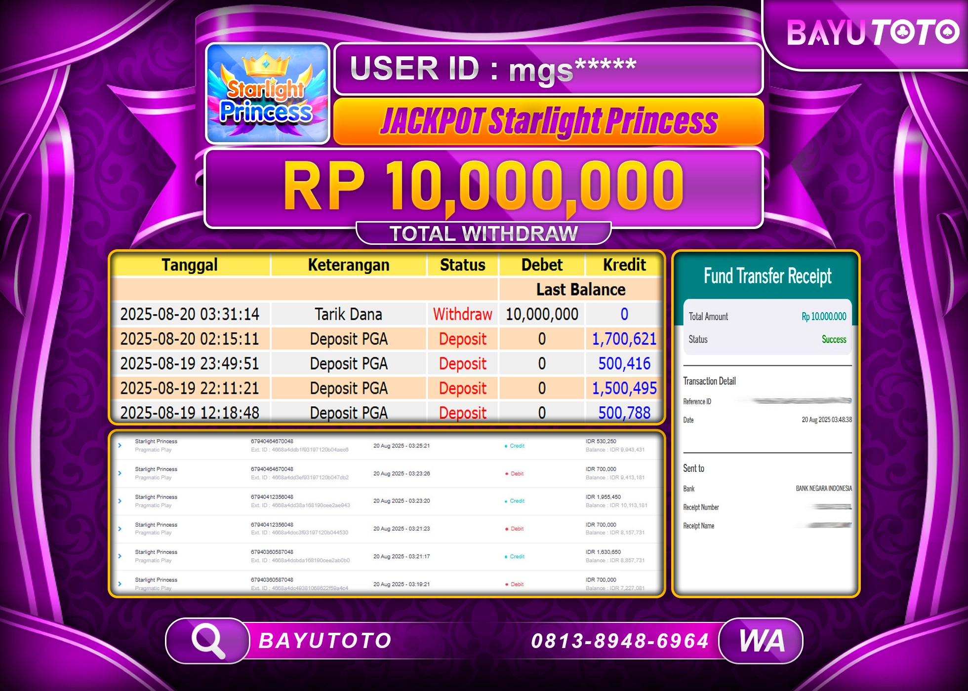 BAYUTOTO JACKPOT DI SLOT STARLIGHT PRINCESS Rp.10,000,000 LUNAS