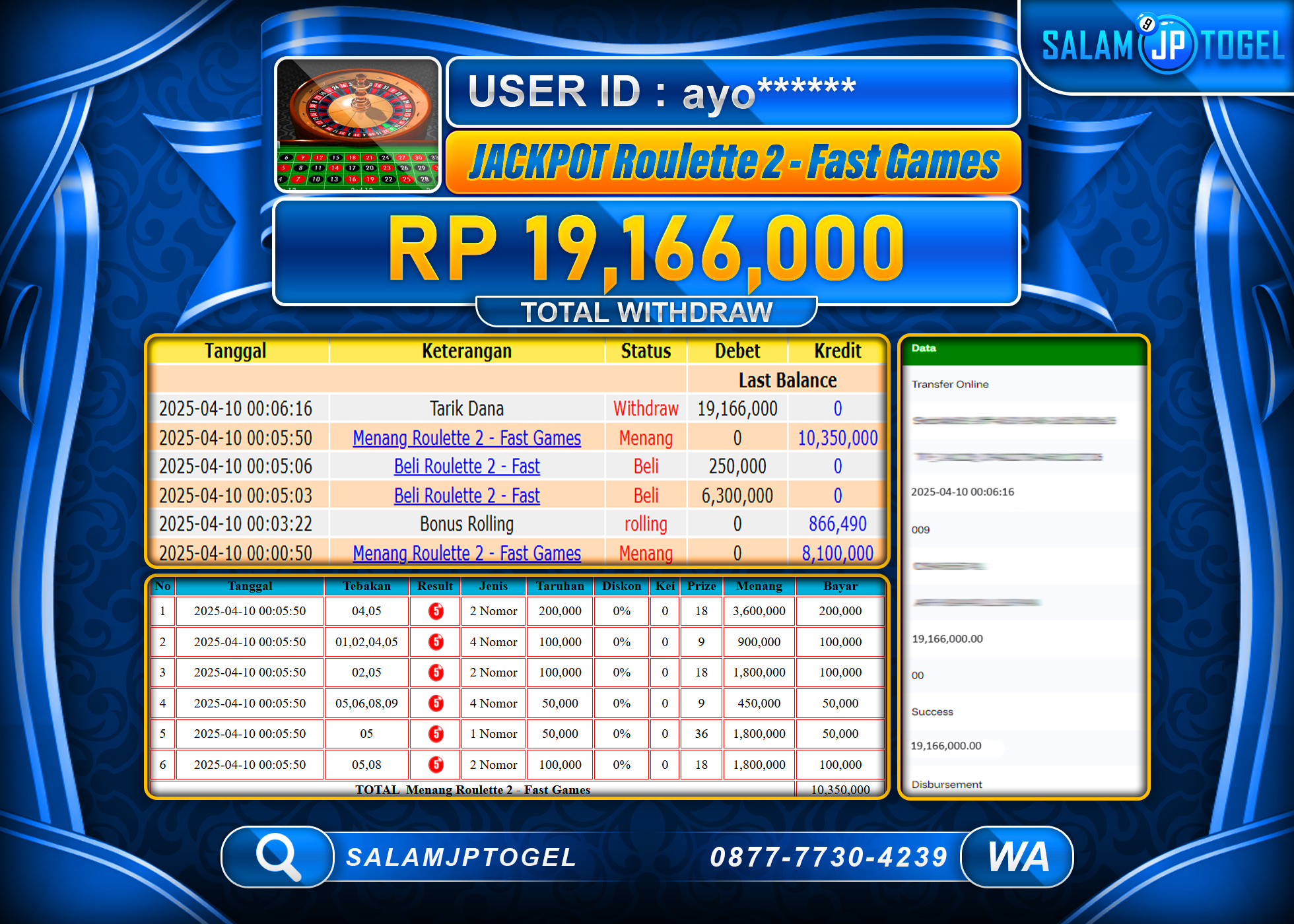 SALAMJPTOGEL MENANG ROULETTE 2 FAST  Rp. 19,166,000 LUNAS