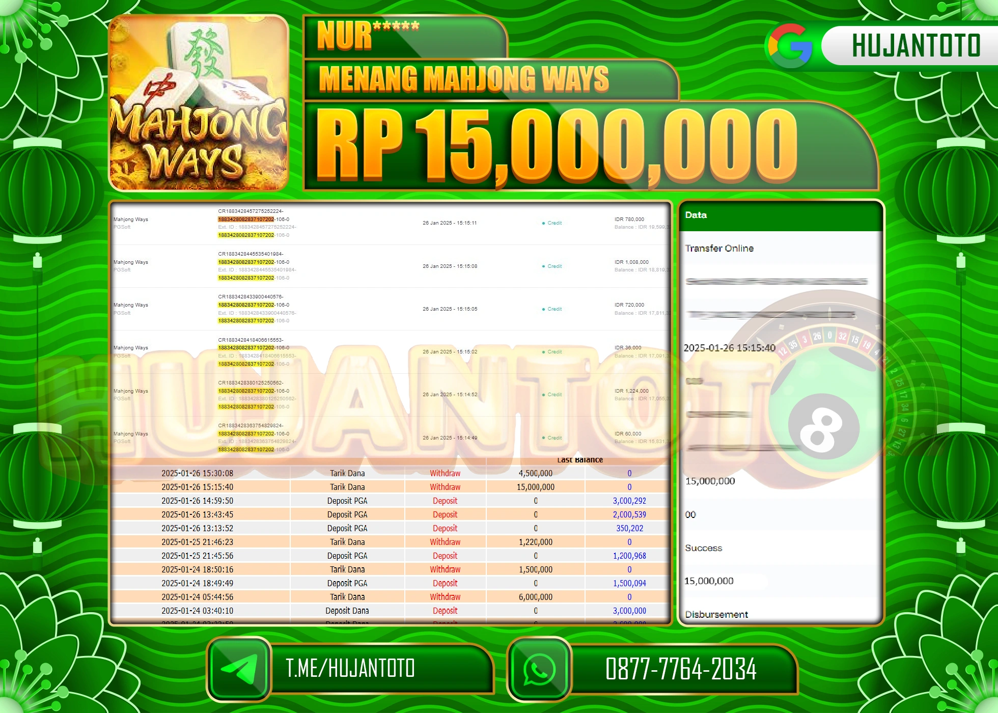HUJANTOTO - BUKTI JACKPOT DI SLOT PG SOFT MAHJONG WAYS 2 Rp,15,000,000 - TERBAYAR LUNAS