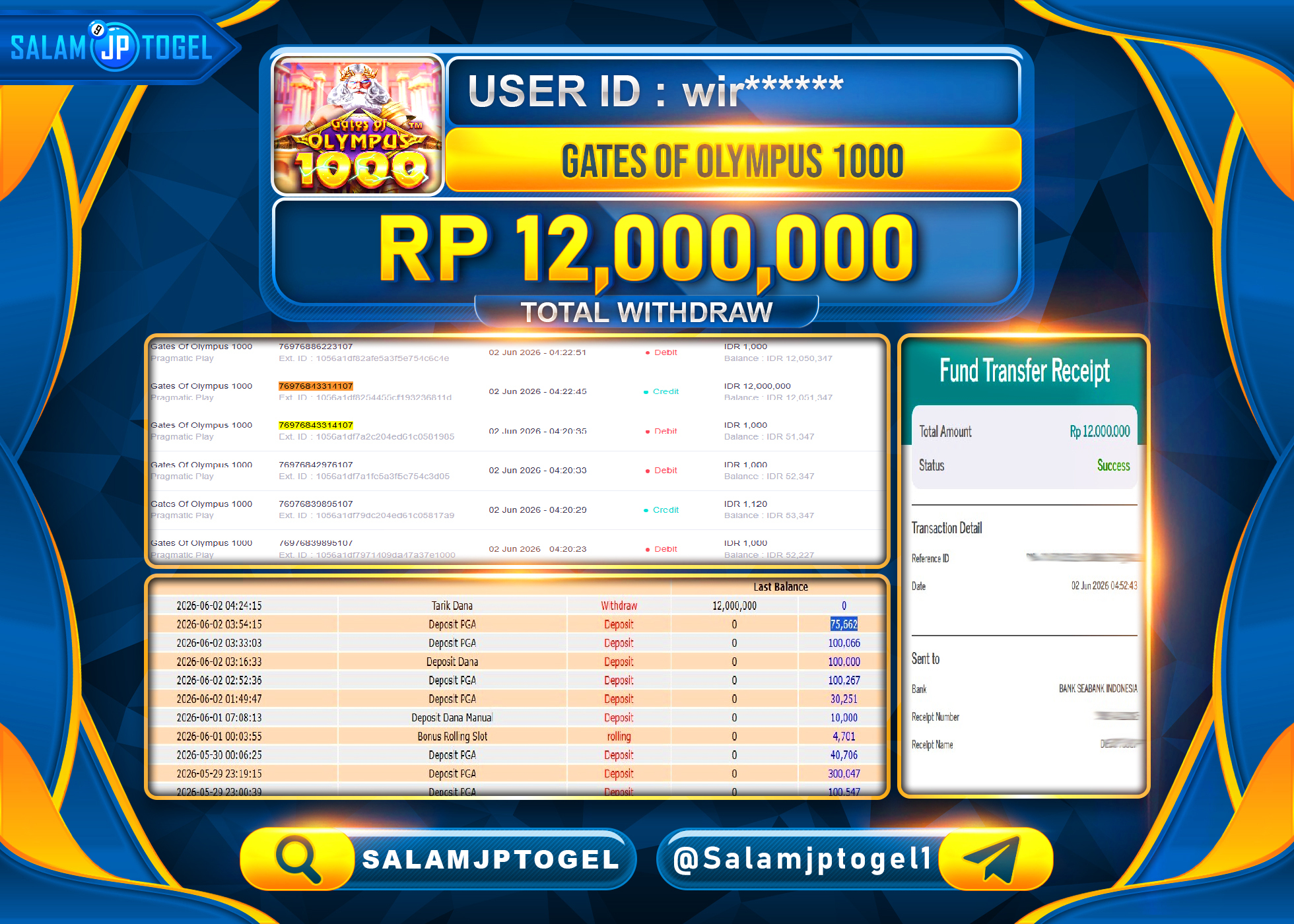 SALAMJPTOGEL JACKPOT MENANG SLOT GATES OF OLYMPUS Rp.12,000,000 - LUNAS