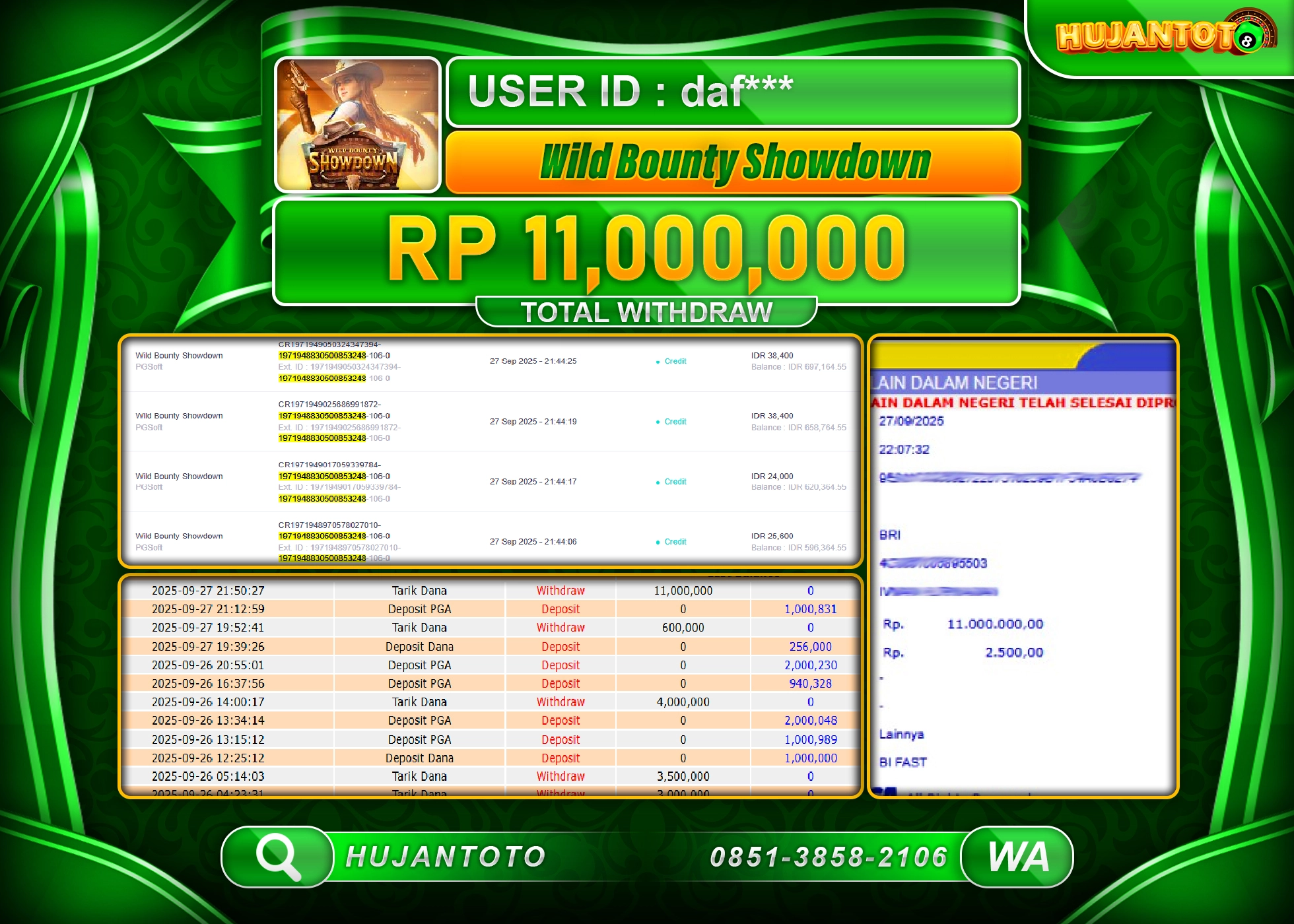 HUJANTOTO - BUKTI JACKPOT MENANG WILD BOUNTY SHOWDOWN  Rp.11,000,000 - TERBAYAR LUNAS