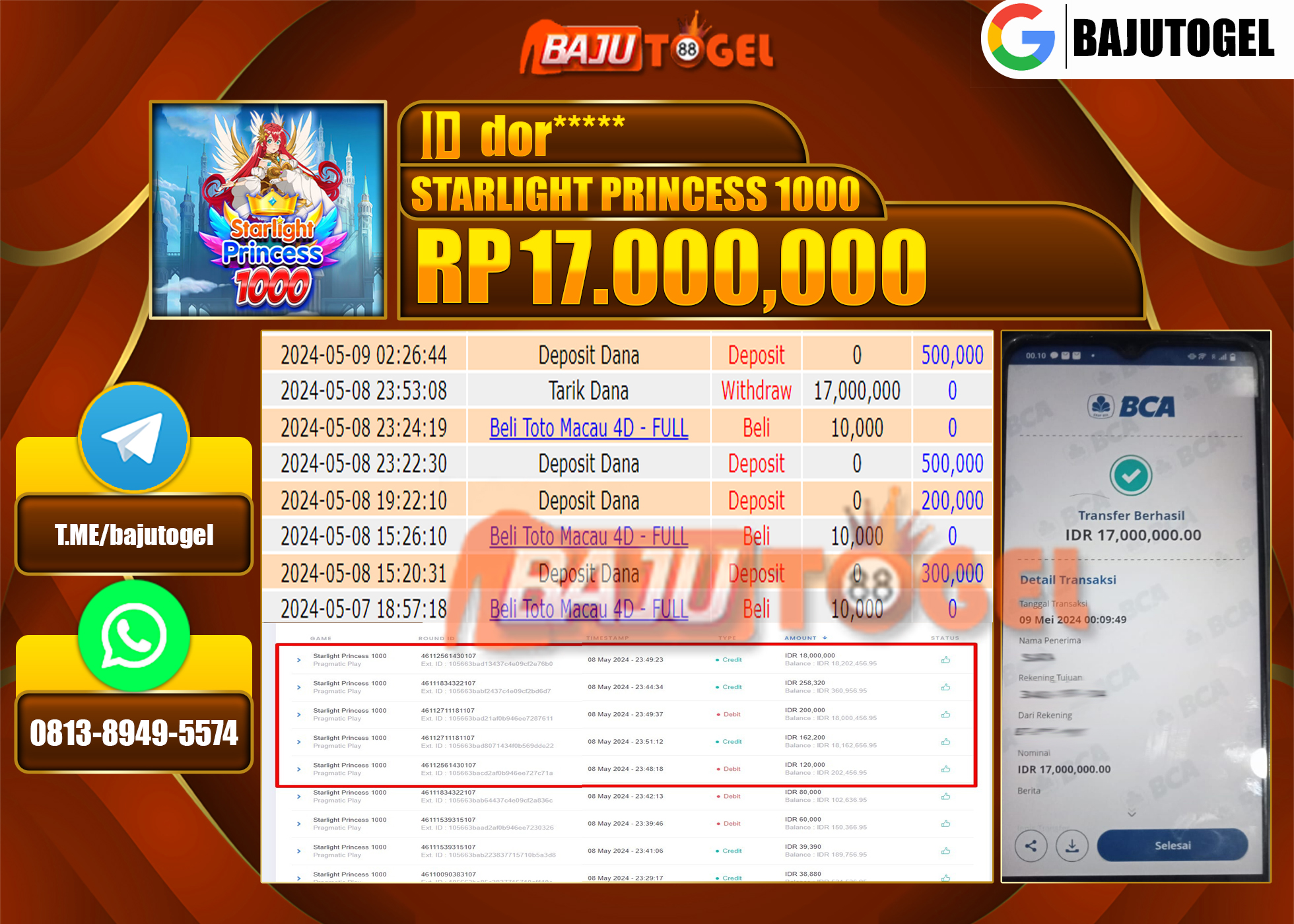  BAJUTOGEL KEMENANGAN BESAR  starlight princess 1000 Rp.17.000.000 LUNAS