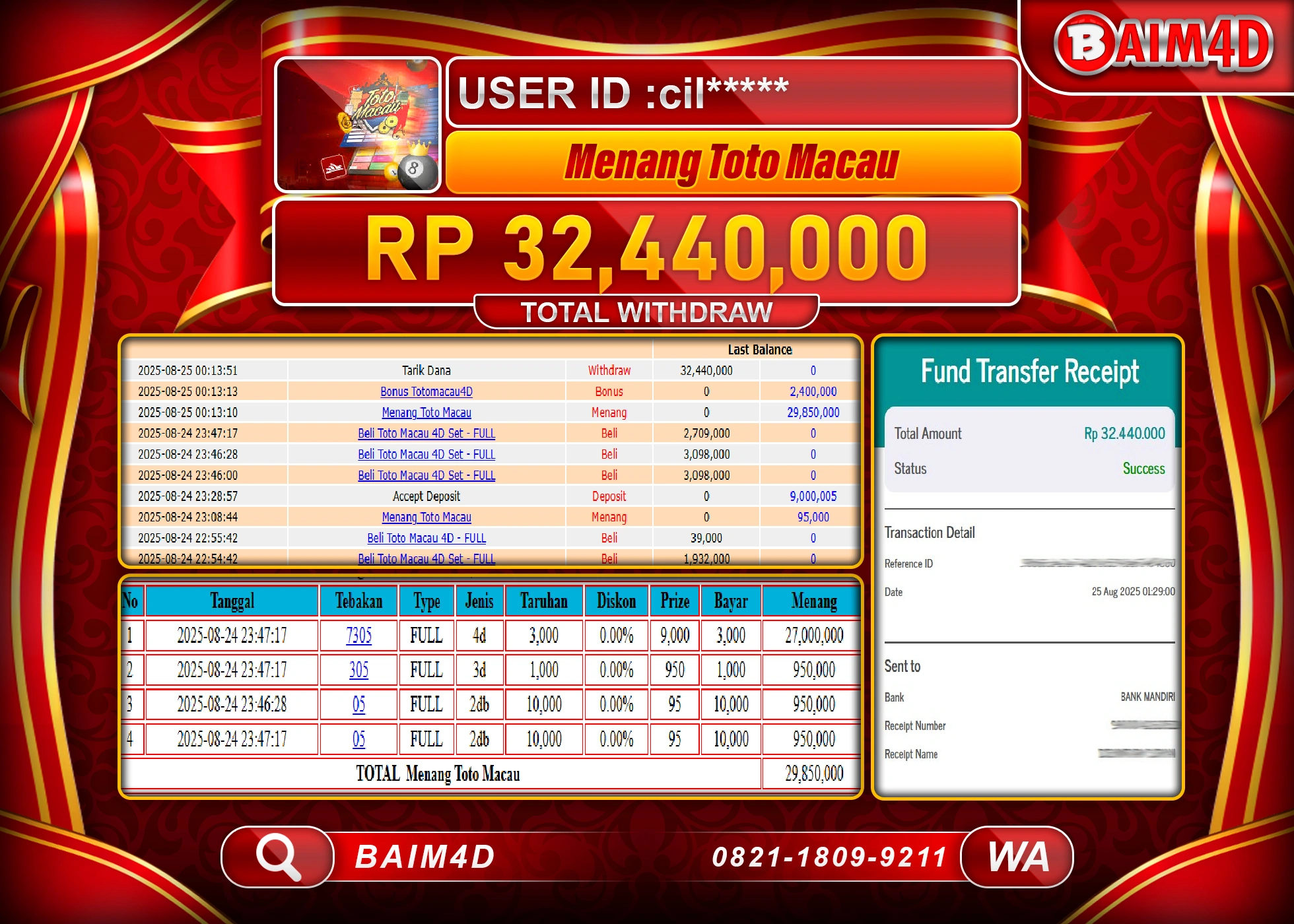 BAIM4D JACKTPOT TOGEL TOTO MACAU Rp.32,440,000.- LUNAS