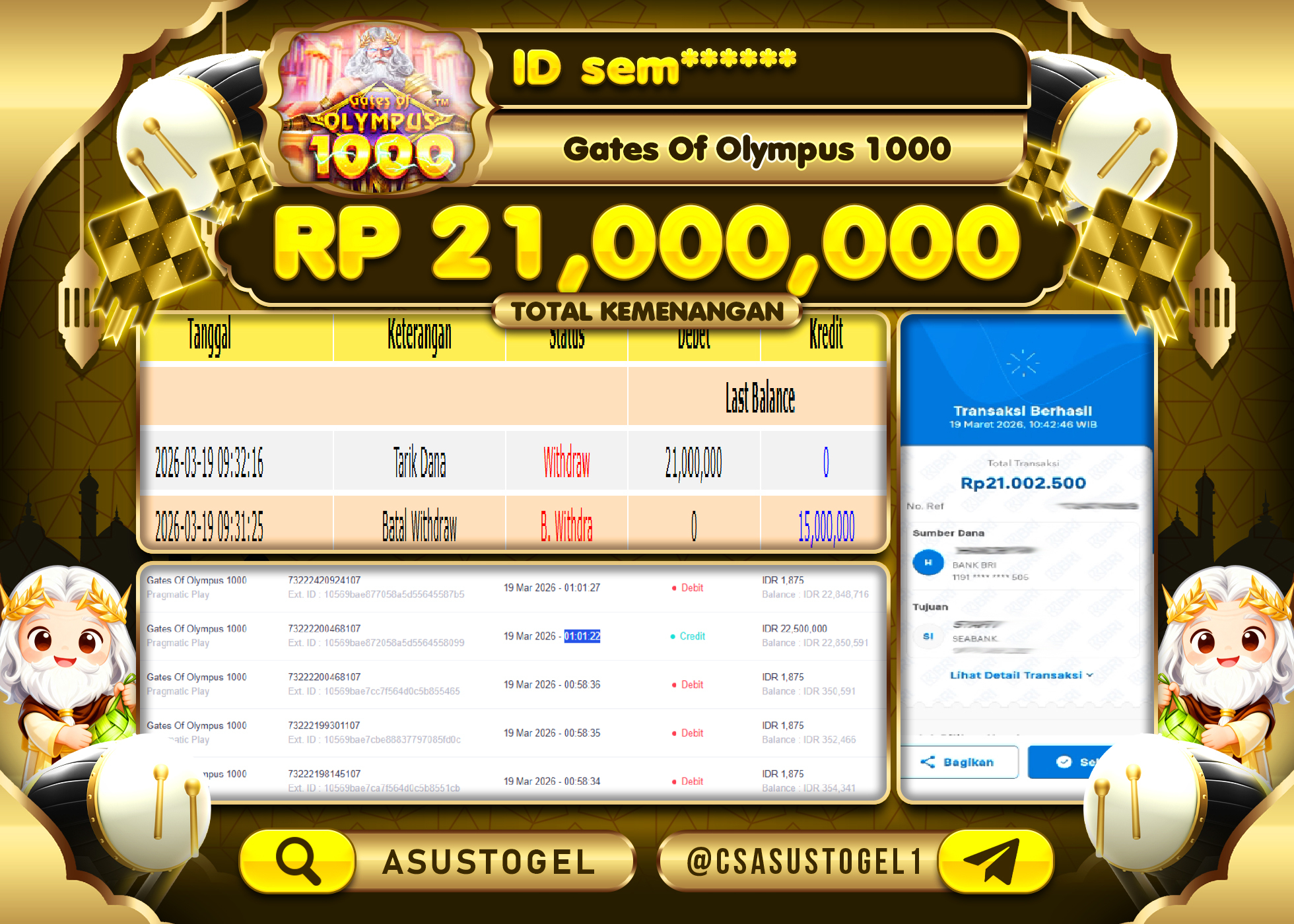 ASUSTOGEL KEMENANGAN DI GATES OF OLYMPUS 1000 PRAGMATIC PLAY  Rp.21,000,000- RUPIAH LUNAS