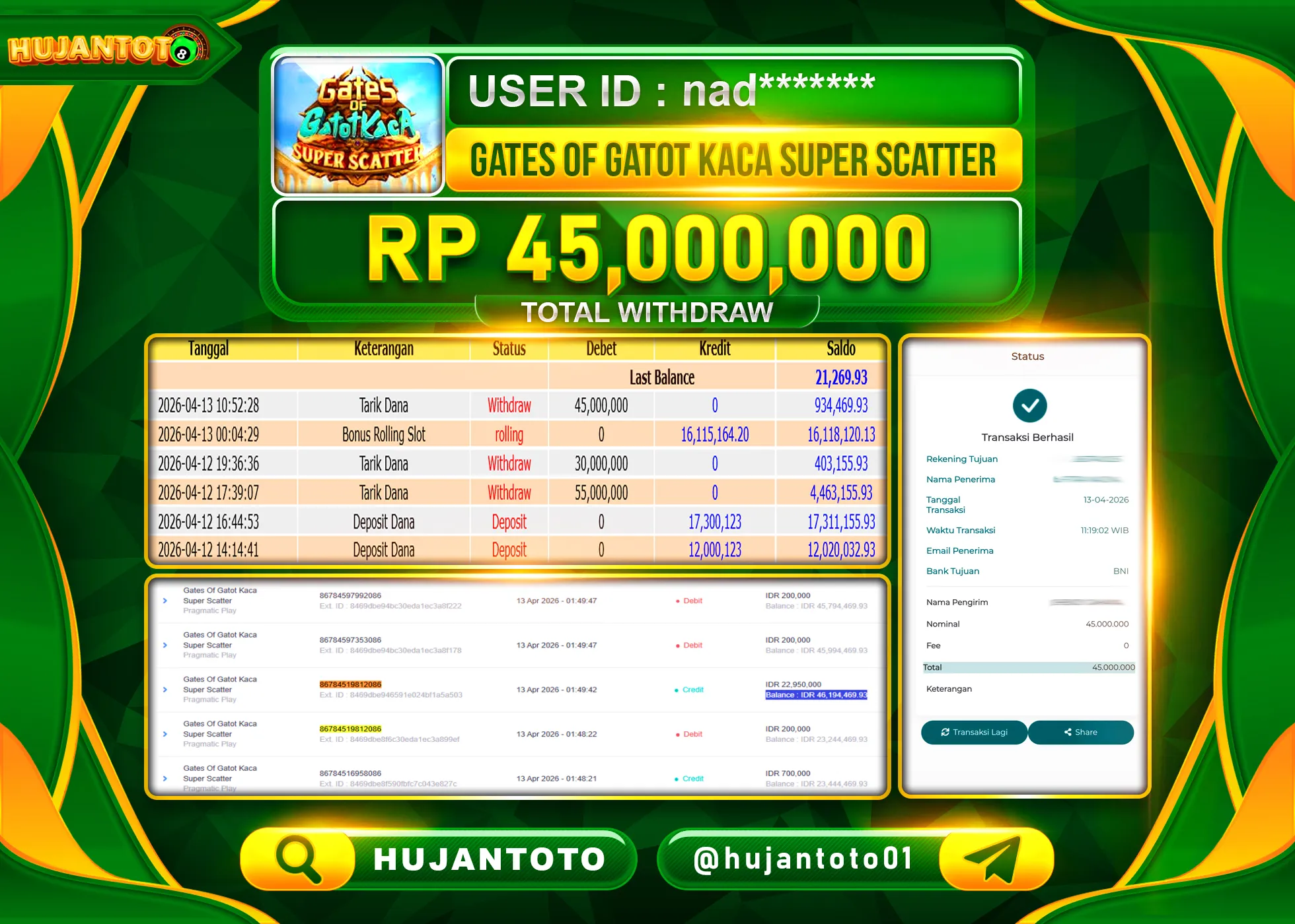 HUJANTOTO - BUKTI JACKPOT MENANG GATES OF GATOT KACA SUPER SCATTER Rp.45,000,000 - TERBAYAR LUNAS