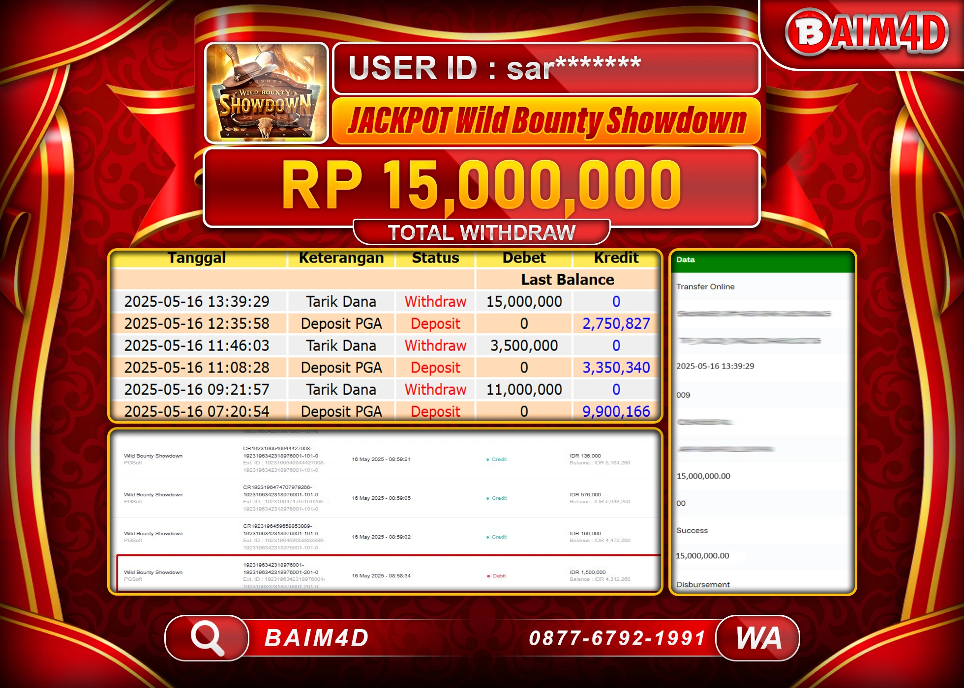 BAIM4D MENANG WILD BOUNTY SHOWDOWN Rp15,000,000 - LUNAS