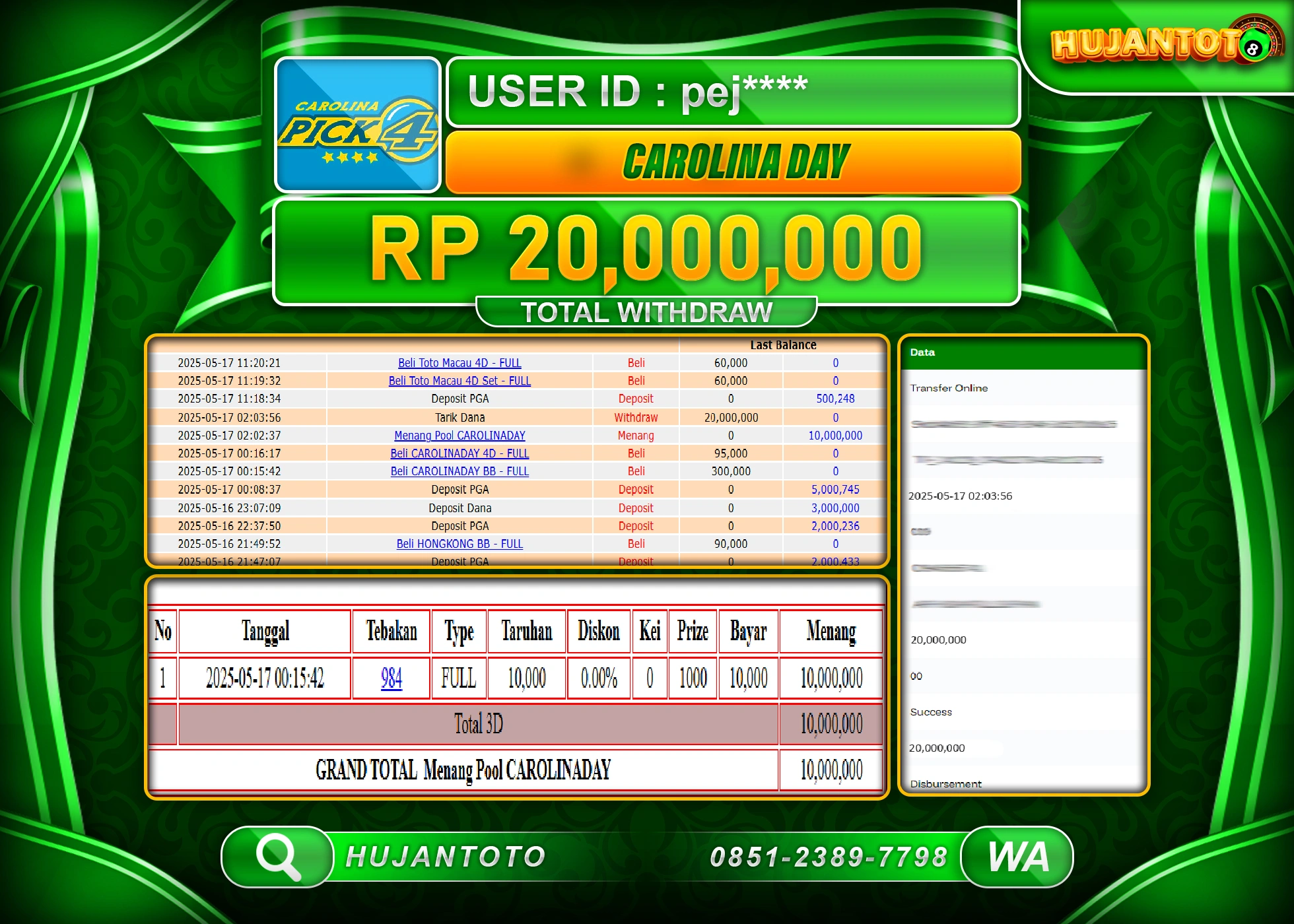 HUJANTOTO - BUKTI JACKPOT MENANG TOGEL CAROLINA DAY Rp,20,000,000 - TERBAYAR LUNAS