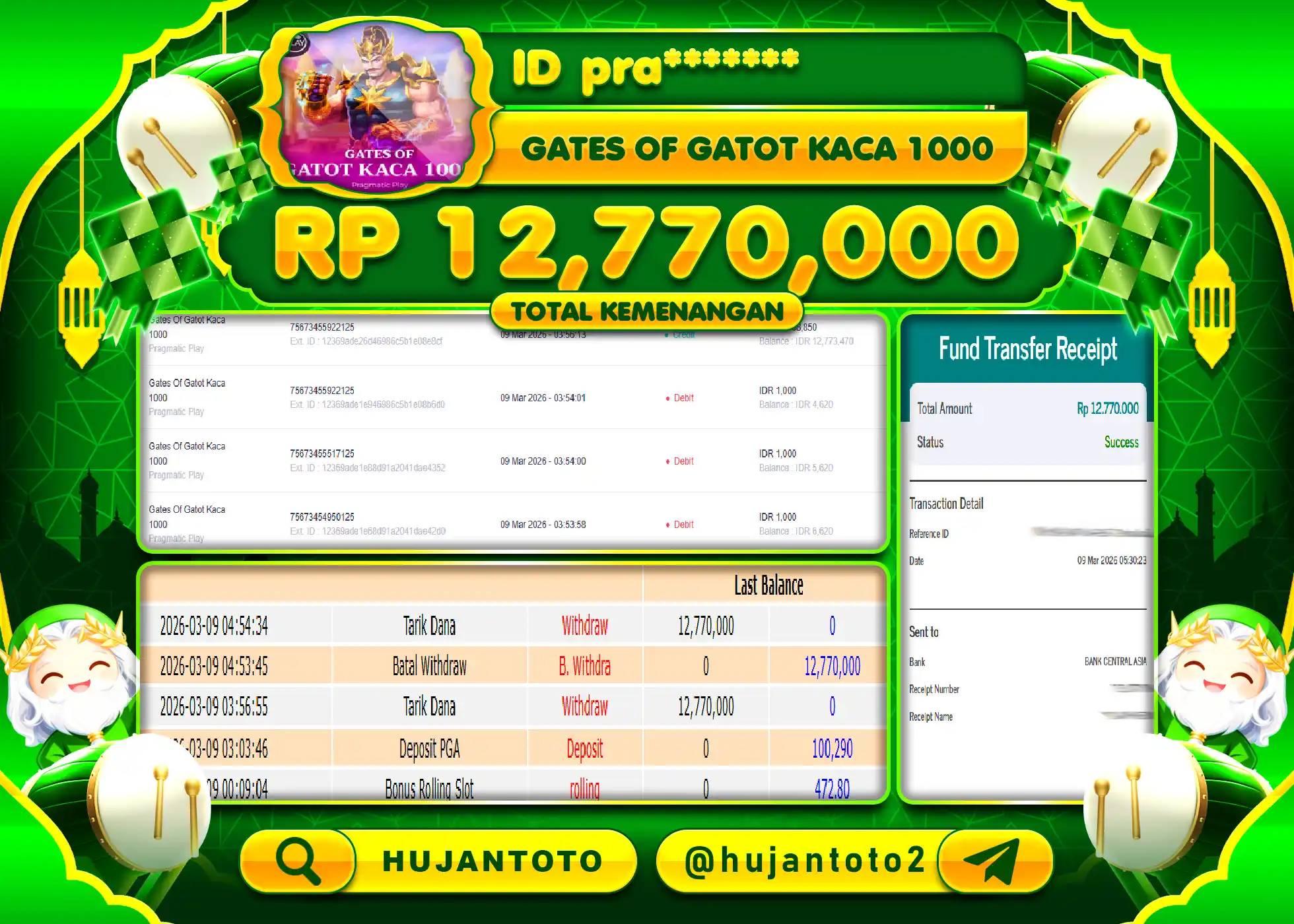 HUJANTOTO - BUKTI JACKPOT MENANG GATES OF GATOTKACA 1000 Rp.12,770,000 - TERBAYAR LUNAS