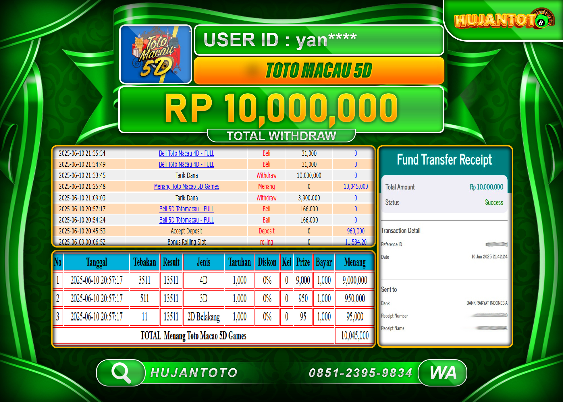 HUJANTOTO - BUKTI JACKPOT MENANG TOGEL TOTO MACAU 5D Rp.10,000,000 - TERBAYAR LUNAS