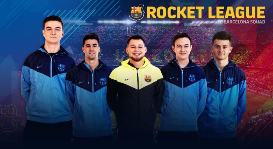 La plantilla del FC Barcelona de Rocket League. De izquierda a derecha: Deevo, ByMateos, Roken, Bluey y Alpha54. La plantilla del FC Barcelona de Rocket League. De izquierda a derecha: Deevo, ByMateos, Roken, Bluey y Alpha54.