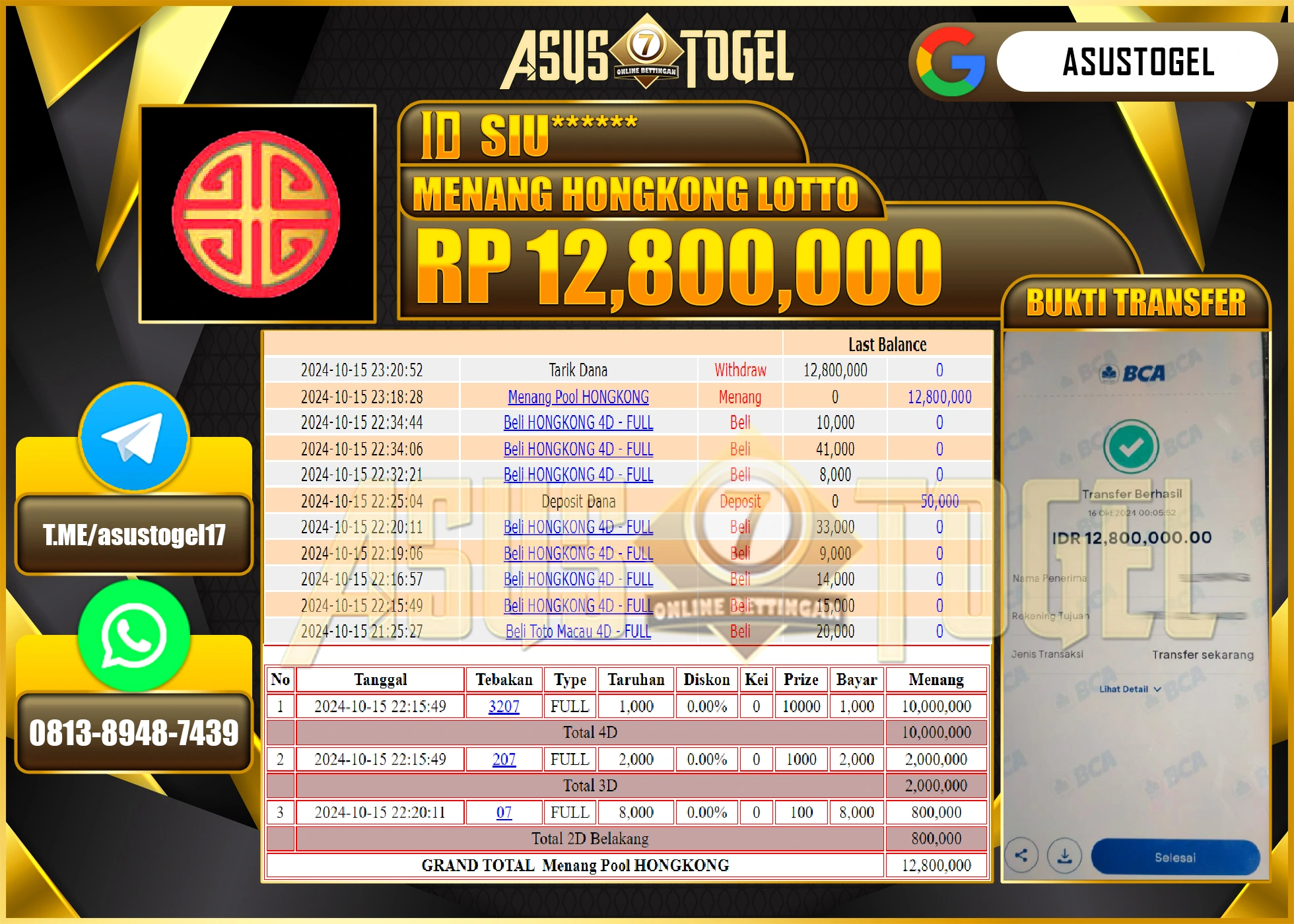 ASUSTOGEL KEMENANGAN  DI GAMES   MENANG HONGKONG LOTTO  SEBESAR 12,800,000- RUPIAH LUNAS
