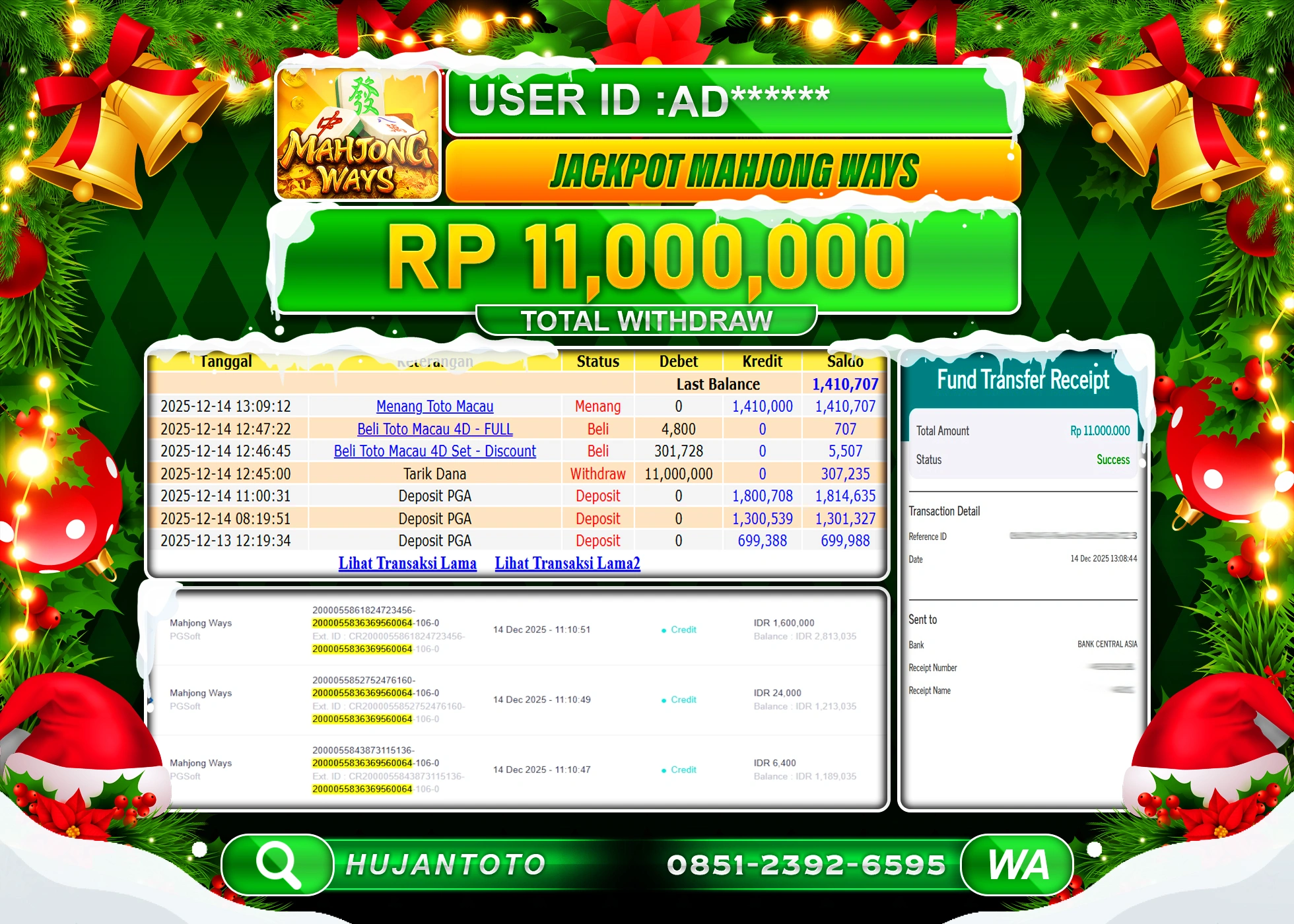 HUJANTOTO - BUKTI JACKPOT MENANG SLOT MAHJONG WAYS Rp.11,000,000 - TERBAYAR LUNAS