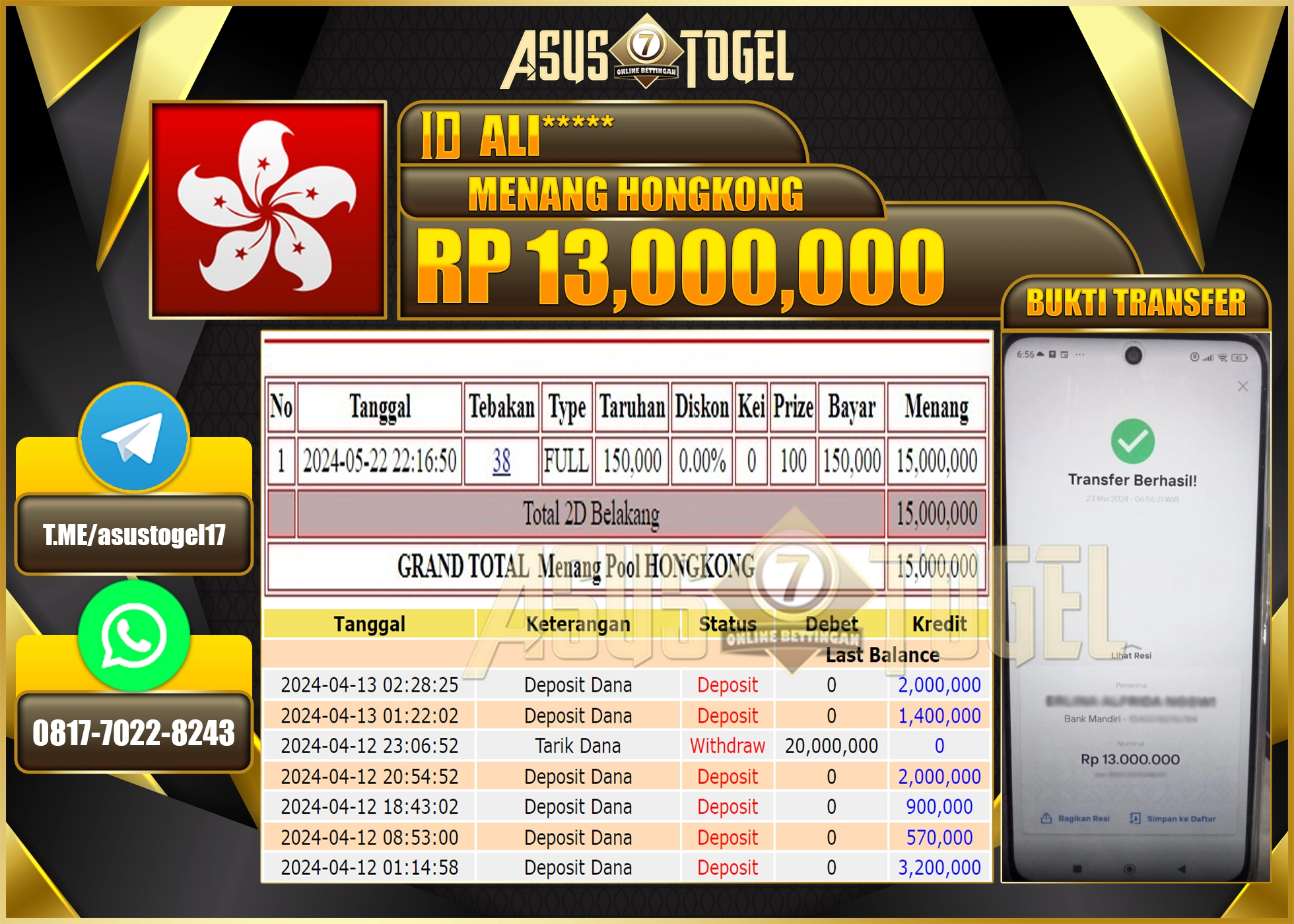 ASUSTOGEL KEMENANGAN HONGKONG 13,000,000-LUNAS