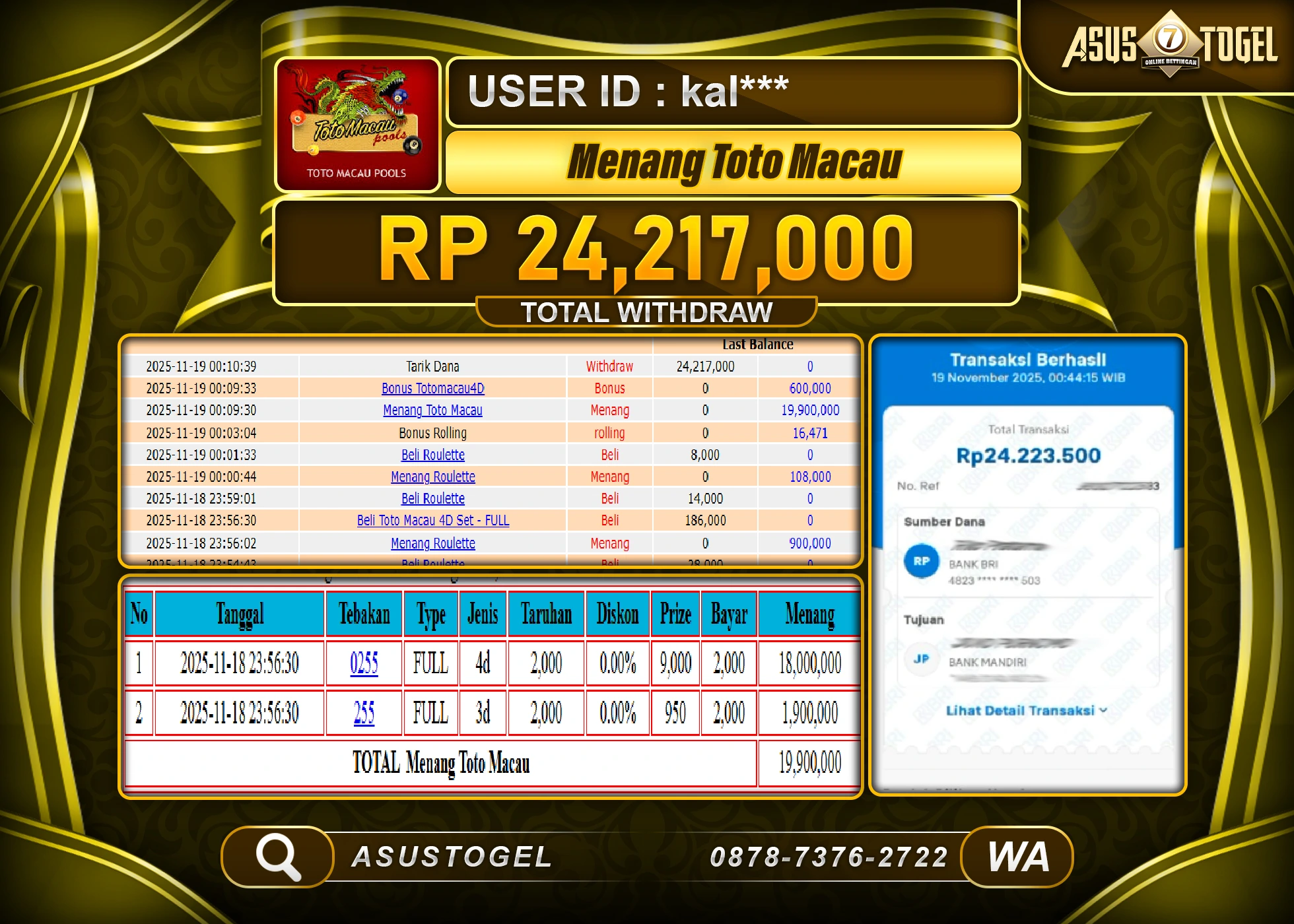 ASUSTOGEL KEMENANGAN DI TOGEL TOTO MACAU 4D SEBESAR 24,217,000 - RUPIAH LUNAS