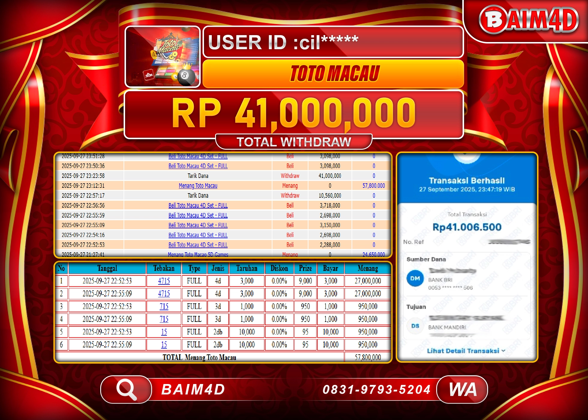 BAIM4D JACKPOT TOGEL TOTO MACAU 4D GAMES Rp.41,000,000.- LUNAS