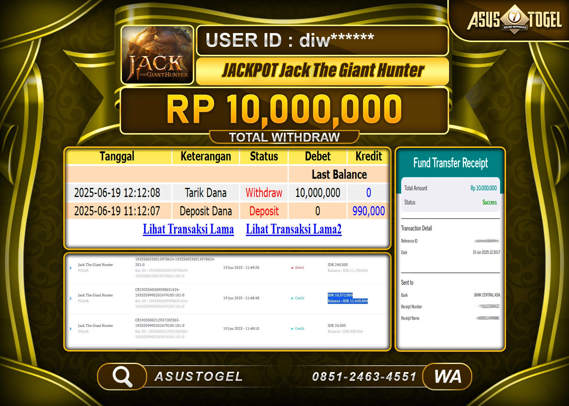 ASUSTOGEL KEMENANGAN DI SLOT JACK THE GIANT HUNTER SEBESAR 10,000,000- RUPIAH LUNAS