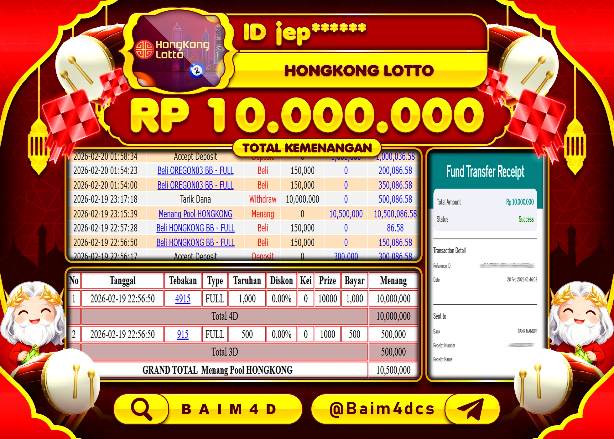 BAIM4D JACKPOT  TOGEL HONGKONG LOTTO Rp.10,000,000 - LUNAS