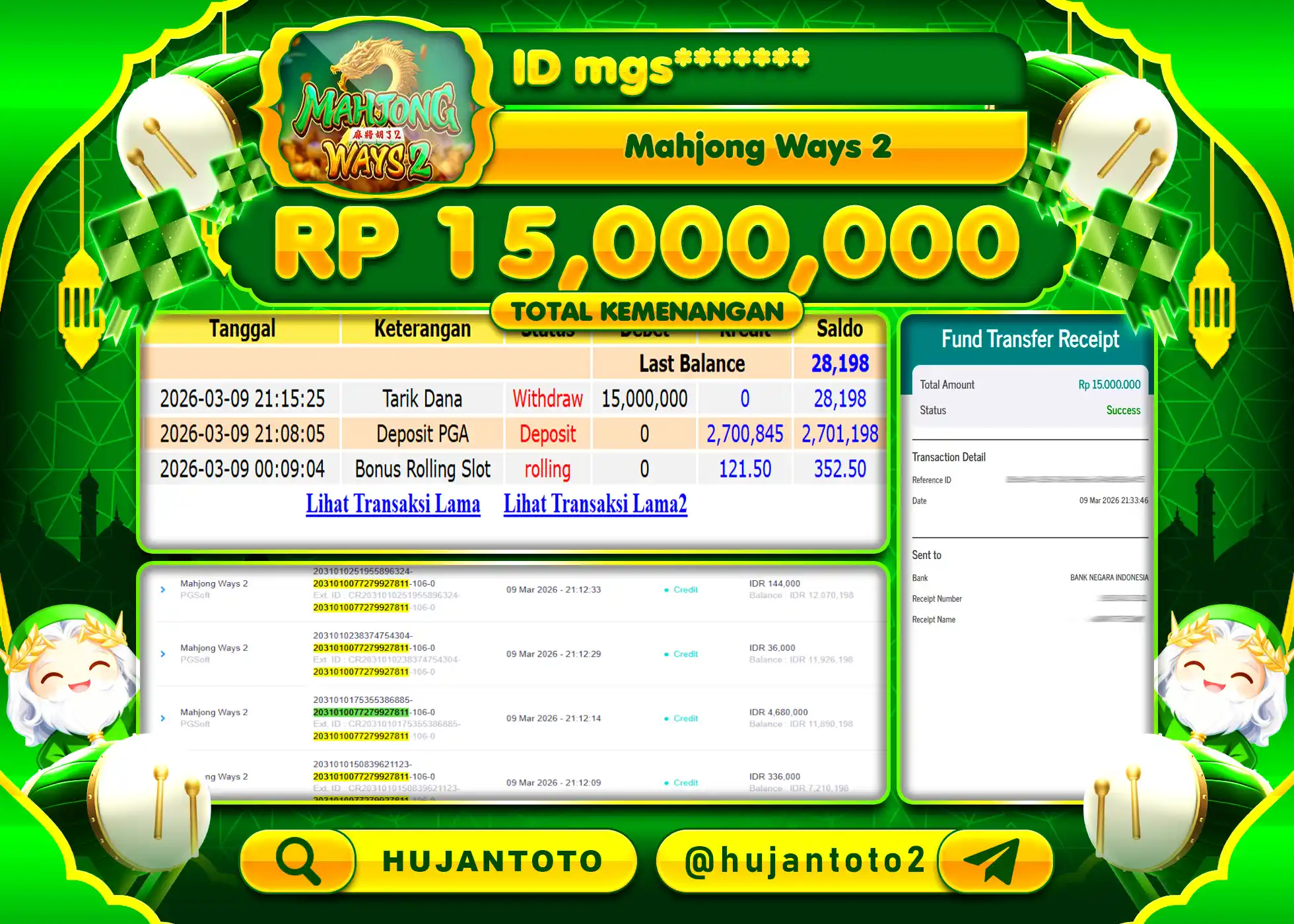 HUJANTOTO - BUKTI JACKPOT MENANG SLOT MAHJONG WAYS 2 Rp.15,000,000 - TERBAYAR LUNAS