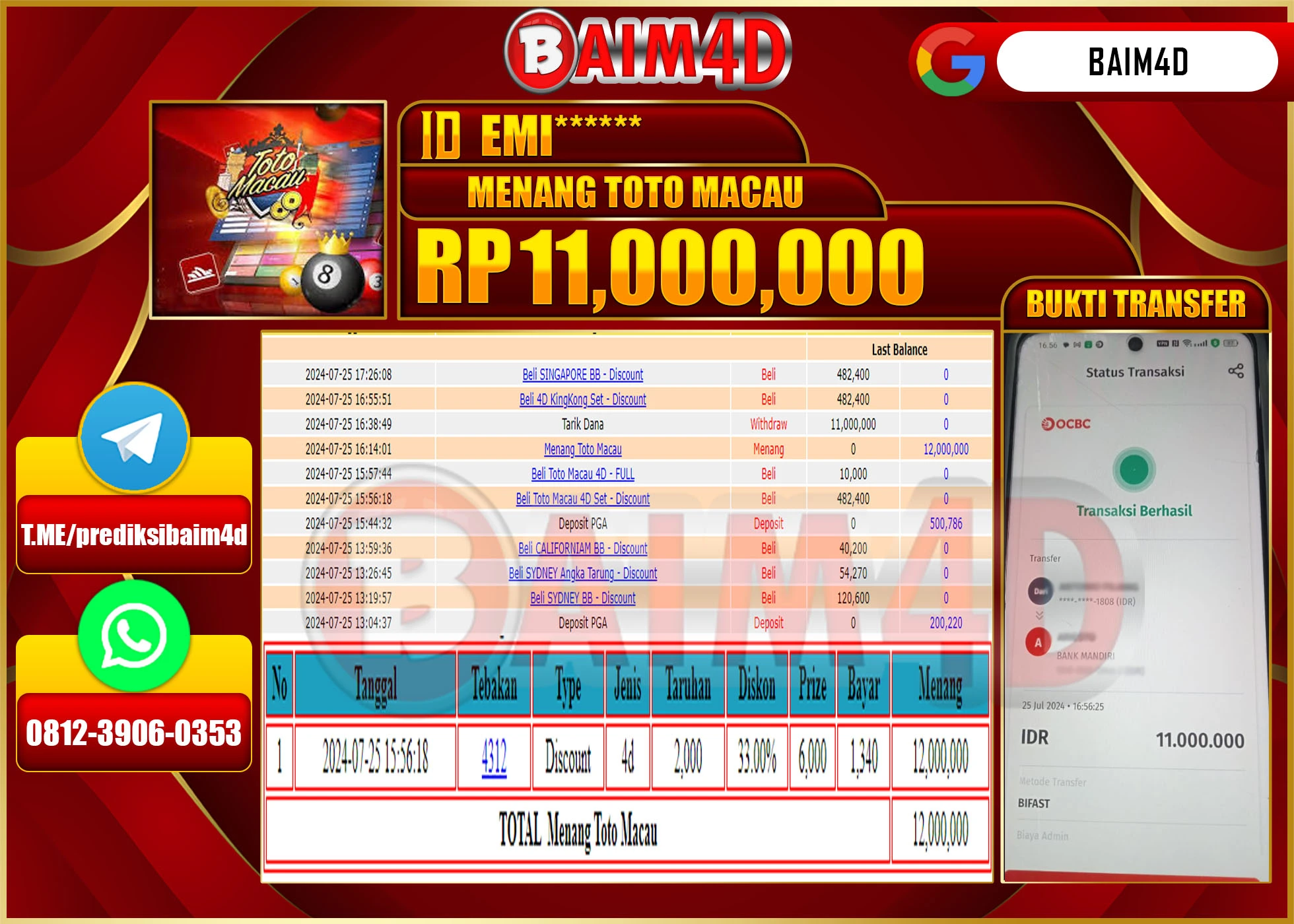 BAIM4D JACKPOT  TOTO MACAU Rp.11.000,000.- LUNAS