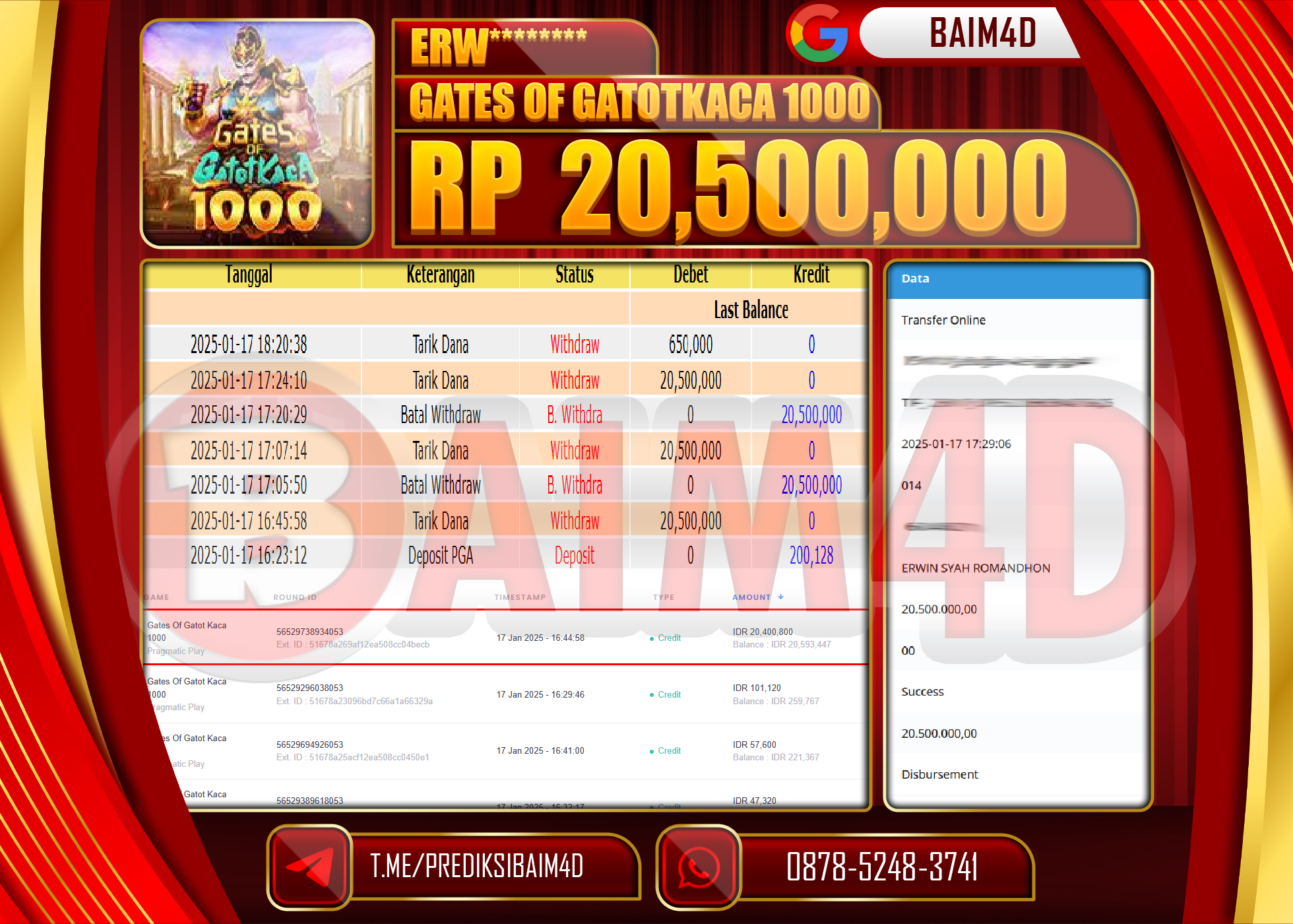 BAIM4D JACKPOT Menang  GATES OF GATOTKACA 1000  Rp.20,500,000.- LUNAS