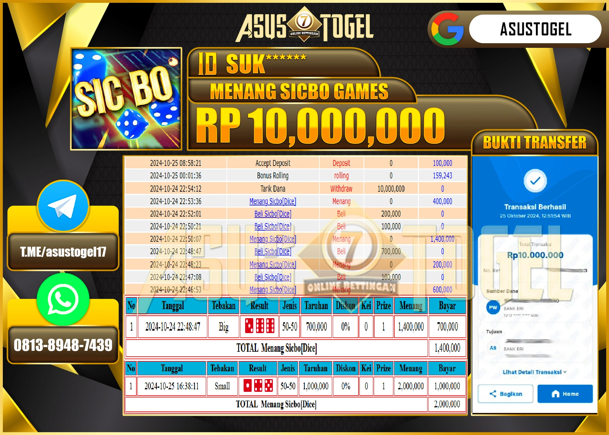 ASUSTOGEL KEMENANGAN DI GAMES SICBO DICE SEBESAR 10,000,000- RUPIAH LUNAS
